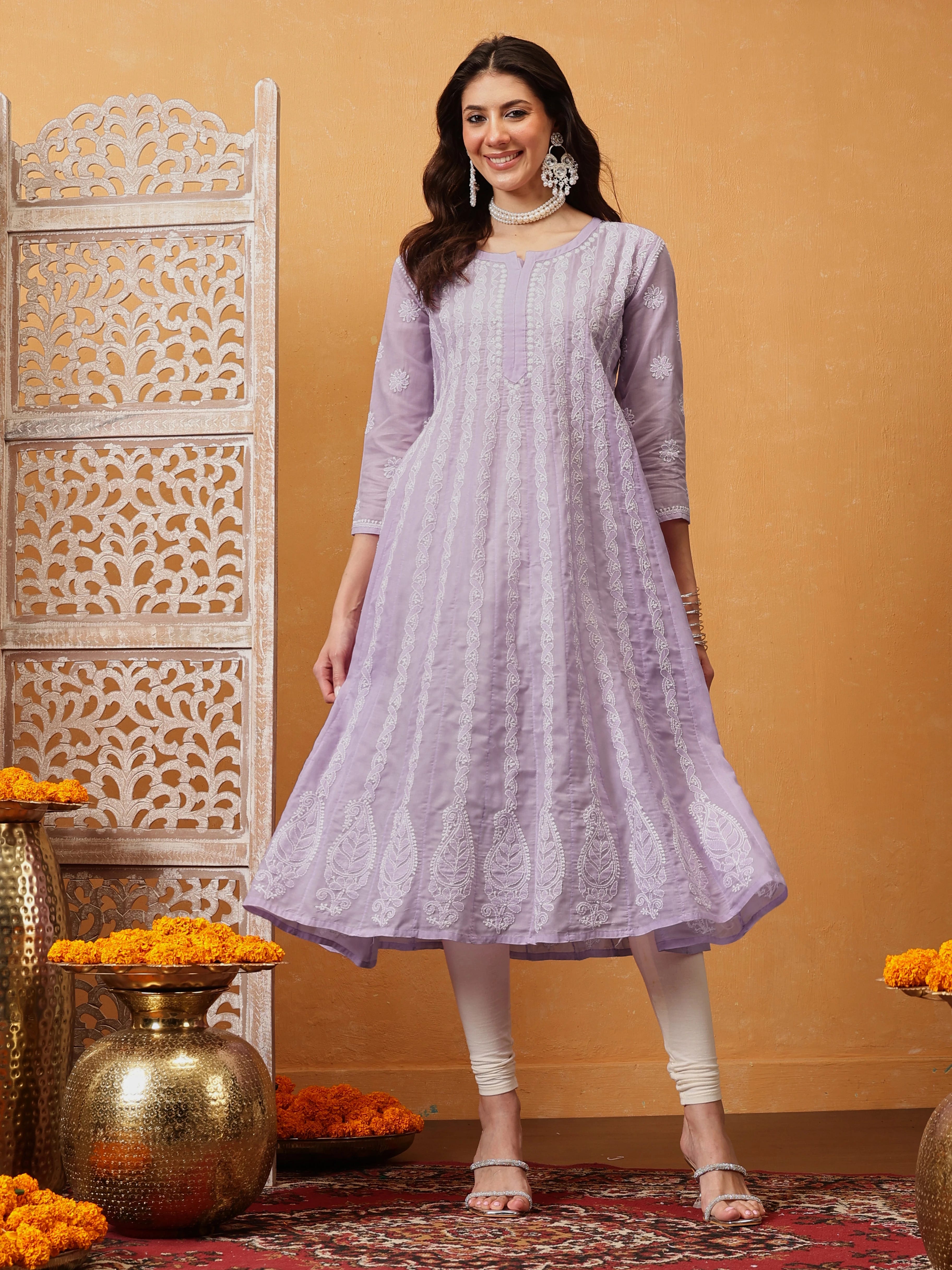 Ada Hand Embroidered Lavender Cotton Lucknowi Chikankari Anarkali A-line Kurta A411729