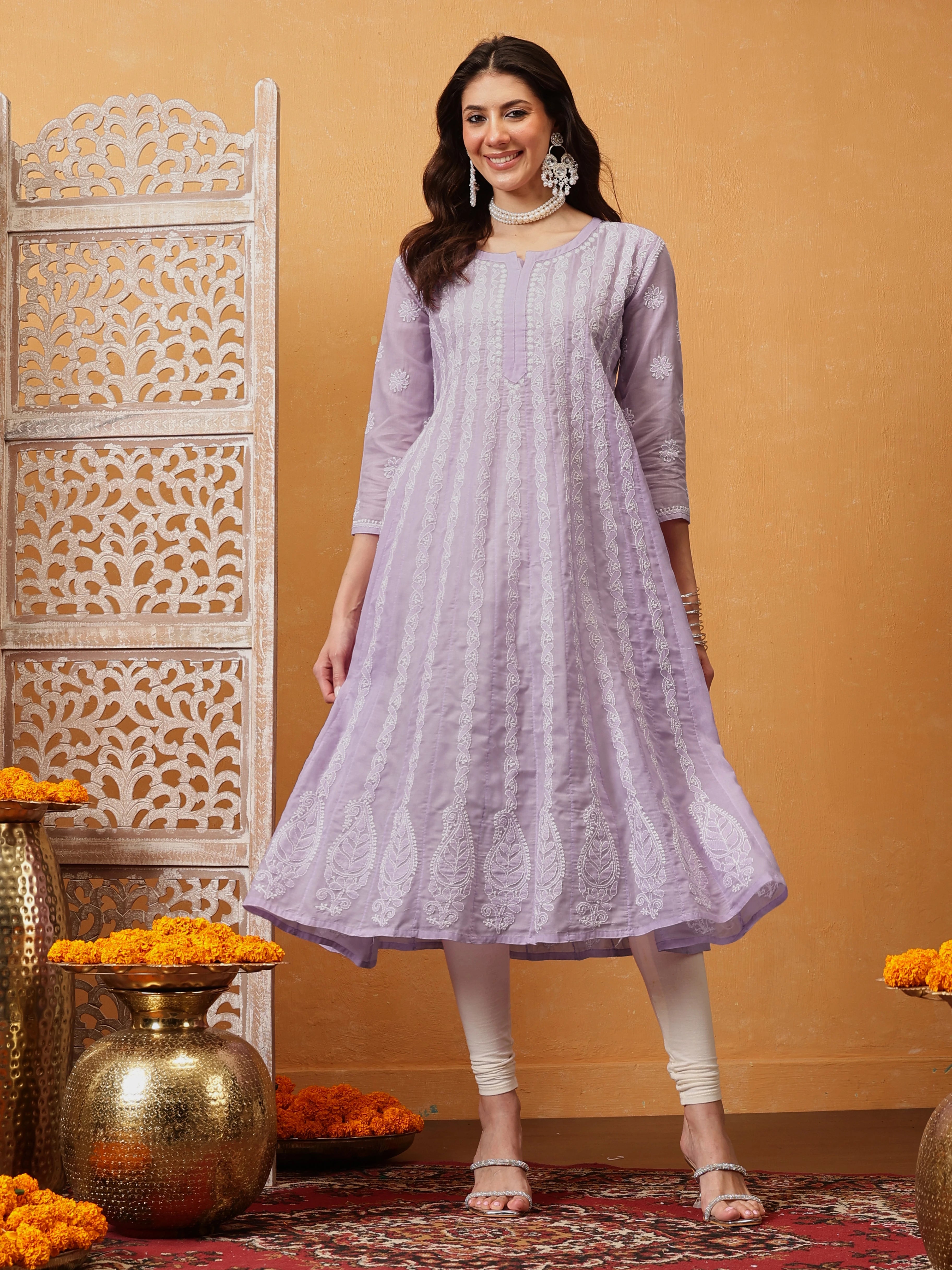 Ada Hand Embroidered Lavender Cotton Lucknowi Chikankari Anarkali A-line Kurta A411729
