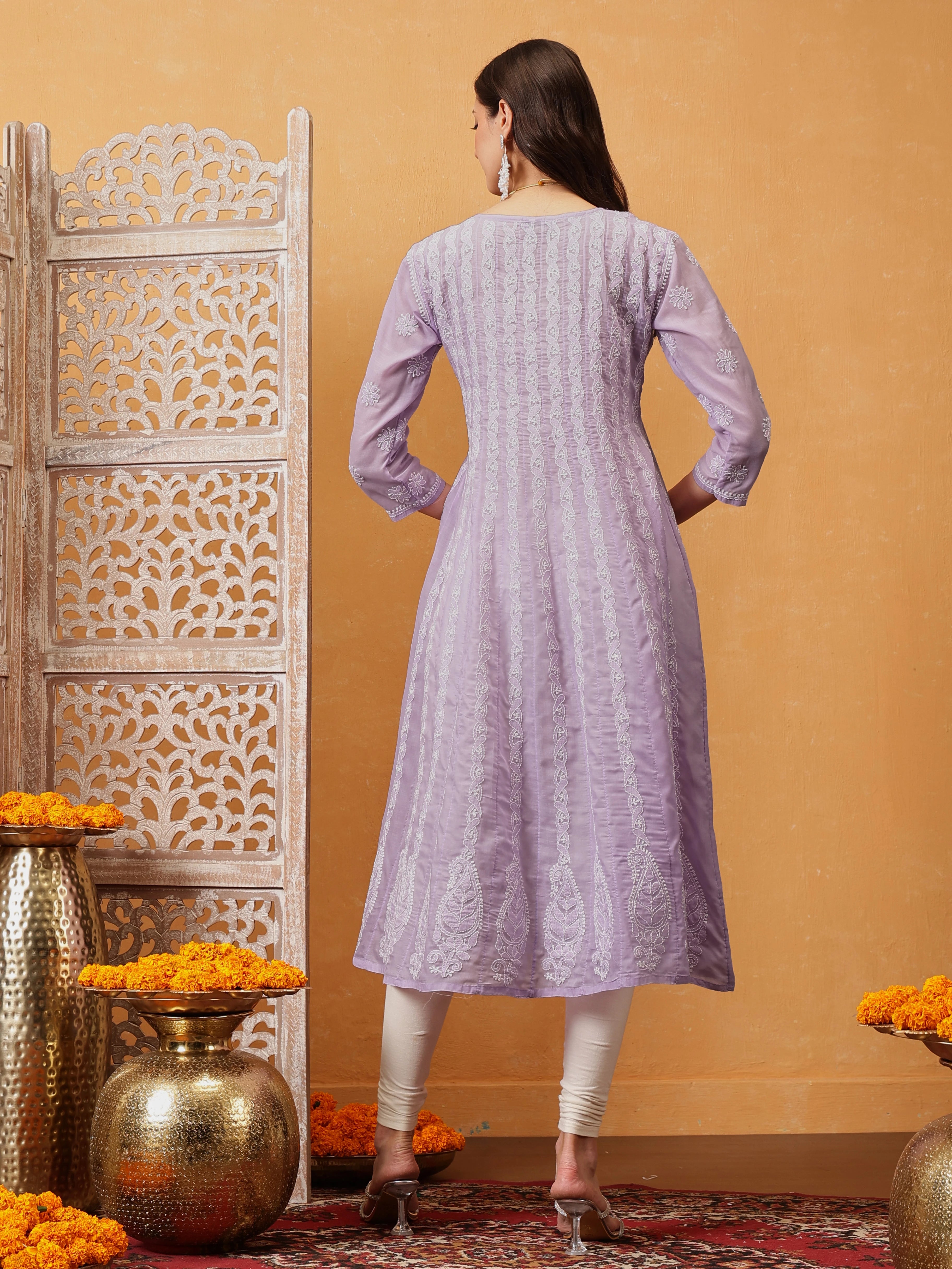 Ada Hand Embroidered Lavender Cotton Lucknowi Chikankari Anarkali A-line Kurta A411729