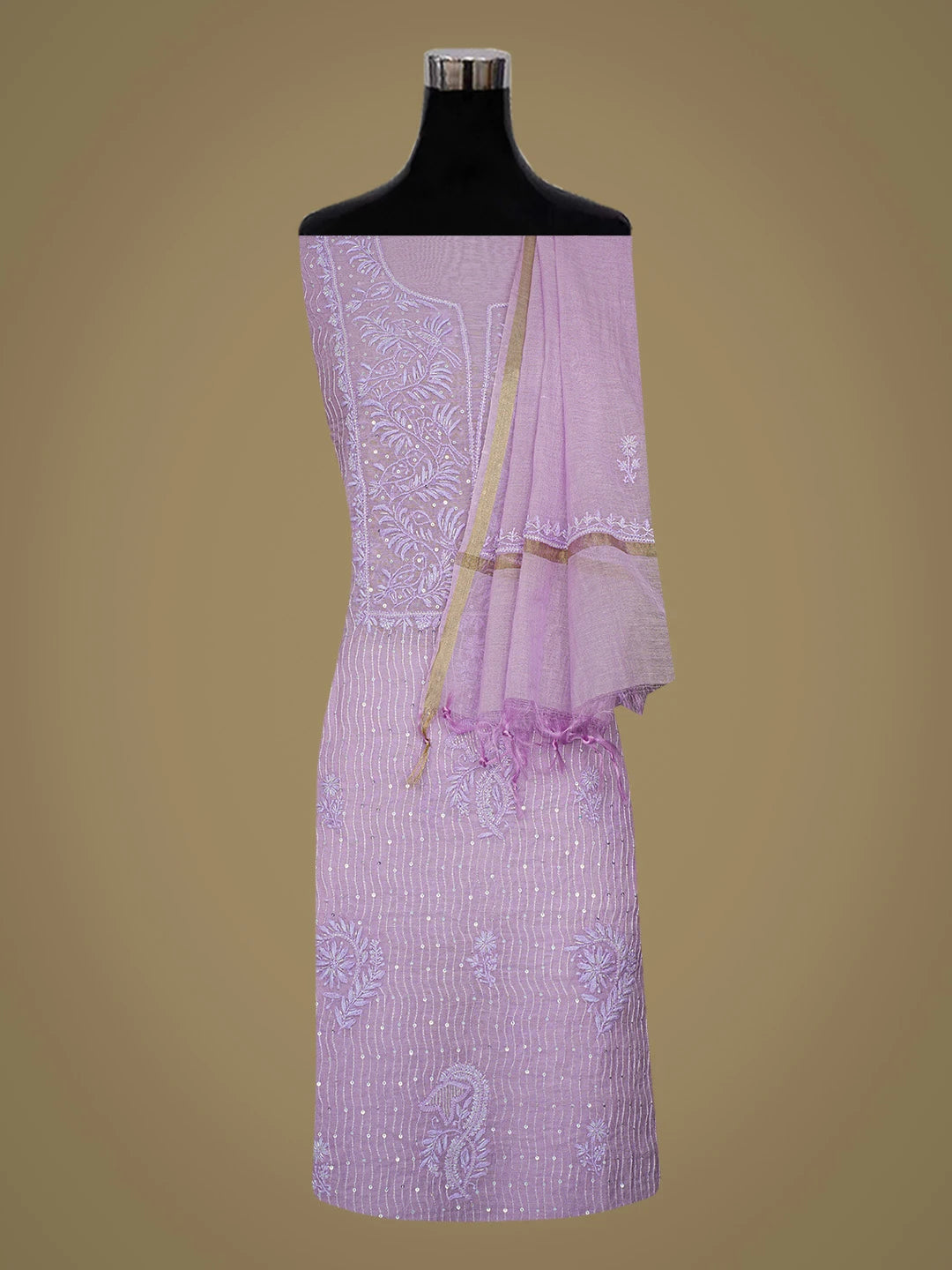 Ada Hand Embroidered Lavender Chanderi Lucknowi Chikankari Unstitched Kurta Dupatta Set With Cutdana Work 01A813807