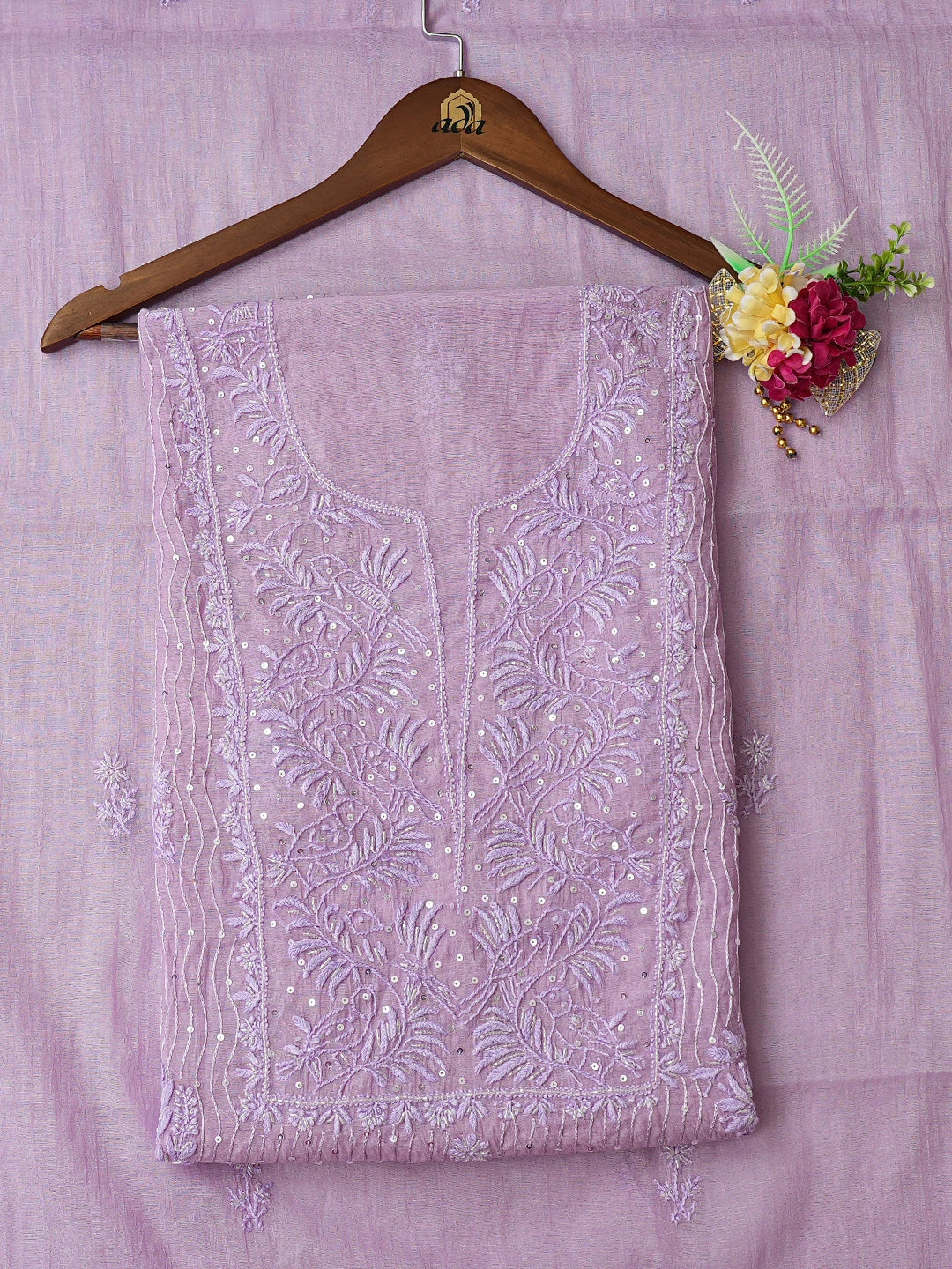 Ada Hand Embroidered Lavender Chanderi Lucknowi Chikankari Unstitched Kurta Dupatta Set With Cutdana Work 01A813807
