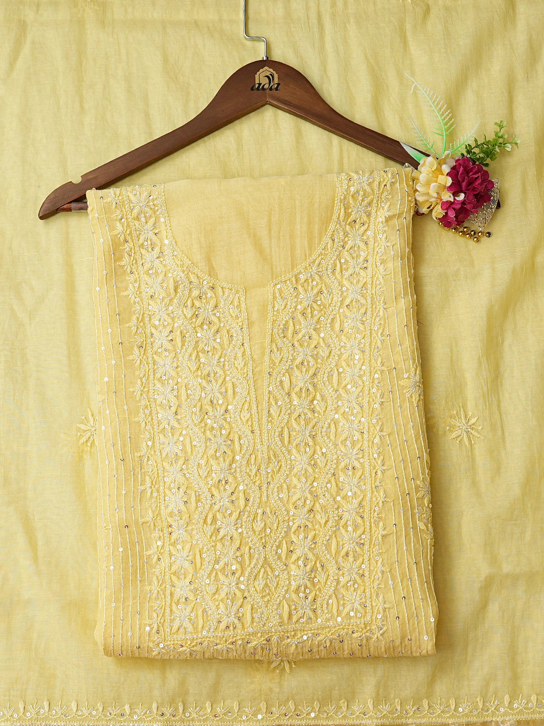Ada Hand Embroidered Yellow Chanderi Lucknowi Chikankari Unstitched Kurta Dupatta Set With Cutdana Work 01A813809