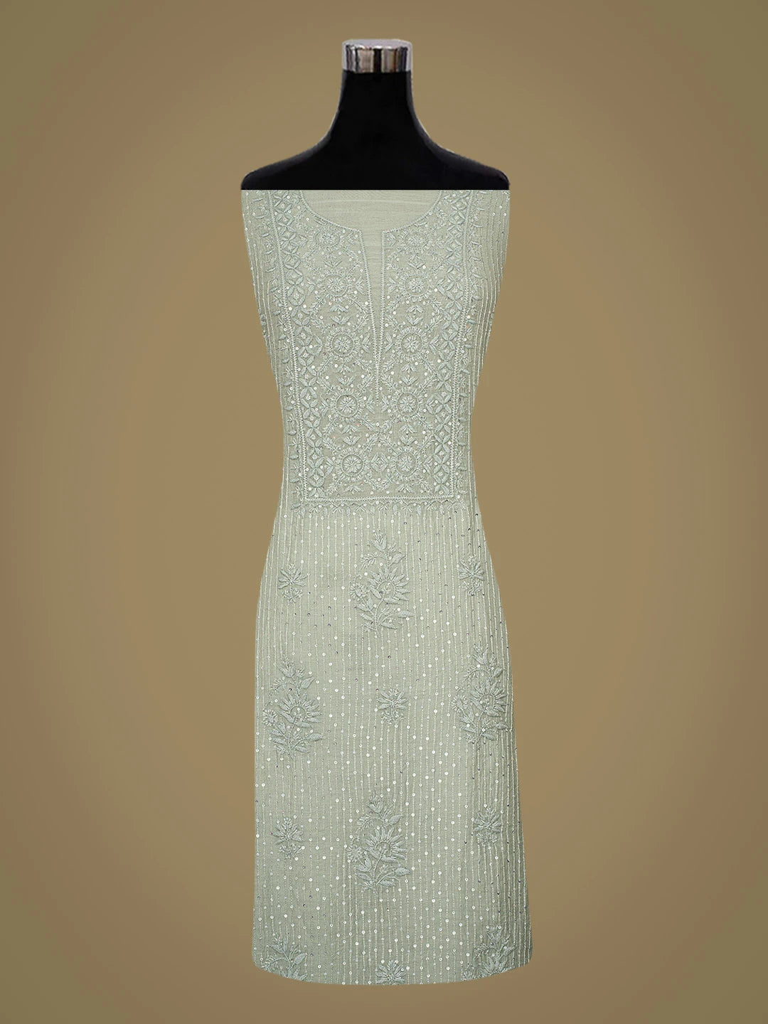 Ada Hand Embroidered Grey Chanderi Lucknowi Chikankari Unstitched Kurta Dupatta Set With Cutdana Work 01A813794