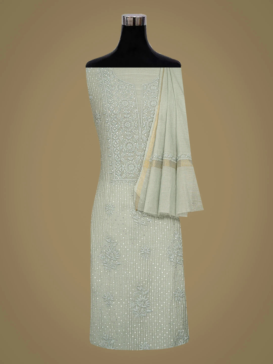 Ada Hand Embroidered Grey Chanderi Lucknowi Chikankari Unstitched Kurta Dupatta Set With Cutdana Work 01A813794
