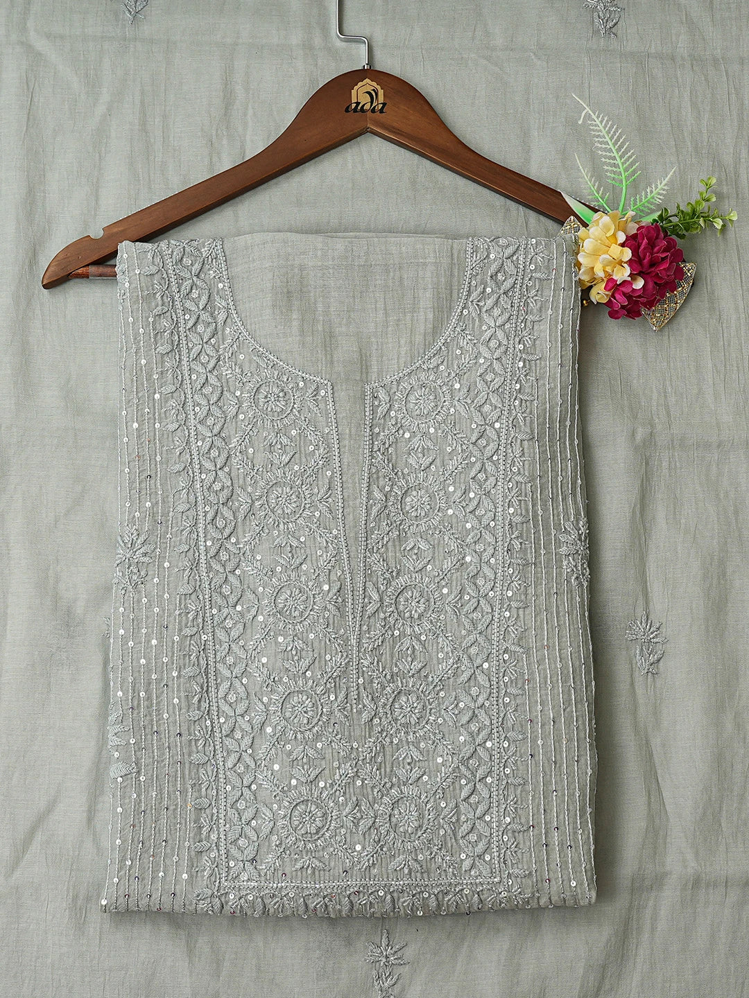 Ada Hand Embroidered Grey Chanderi Lucknowi Chikankari Unstitched Kurta Dupatta Set With Cutdana Work 01A813794