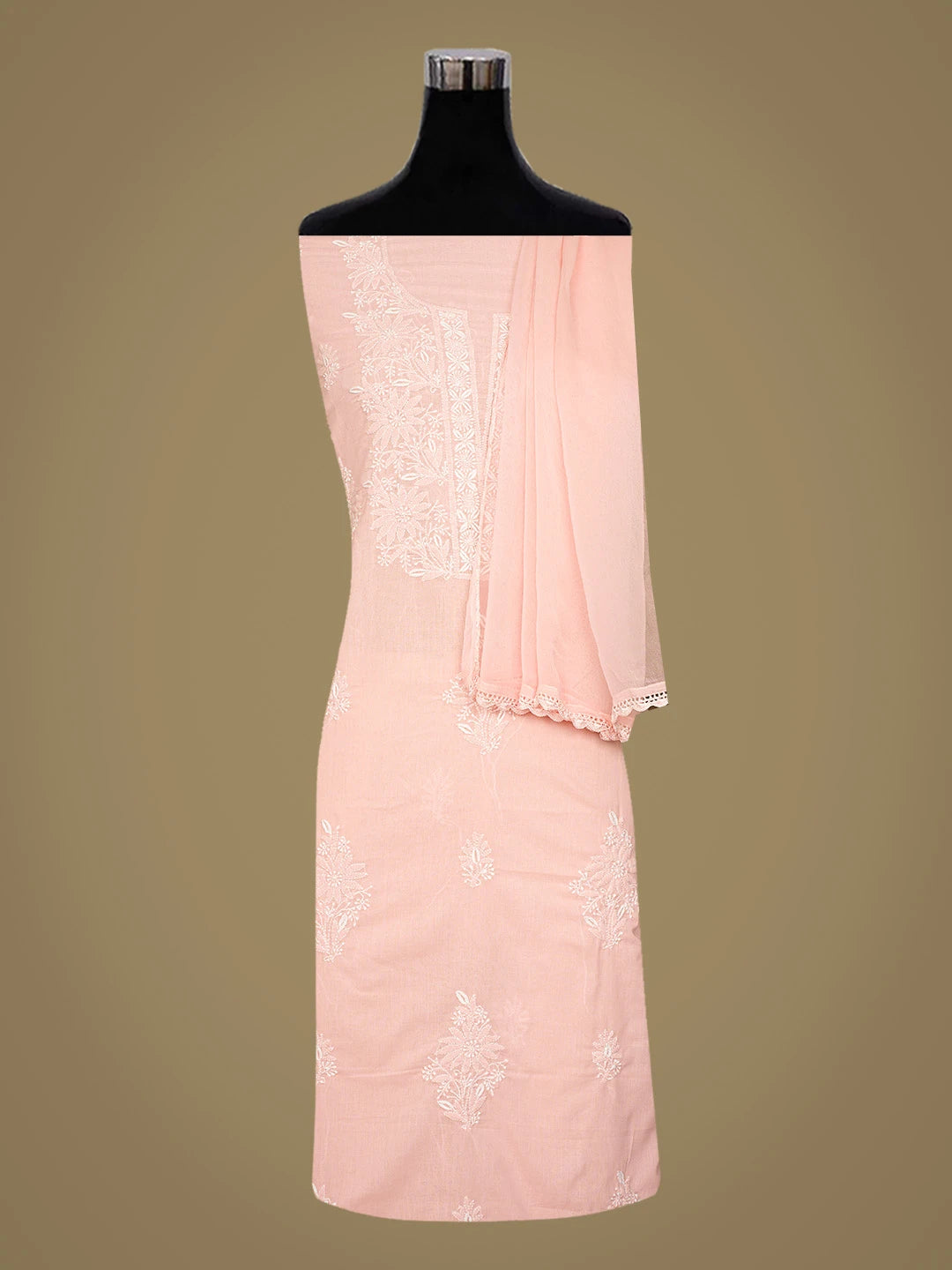 Ada Hand Embroidered Peach Cotton Lucknowi Chikankari Unstitched Suit Piece 01A773554