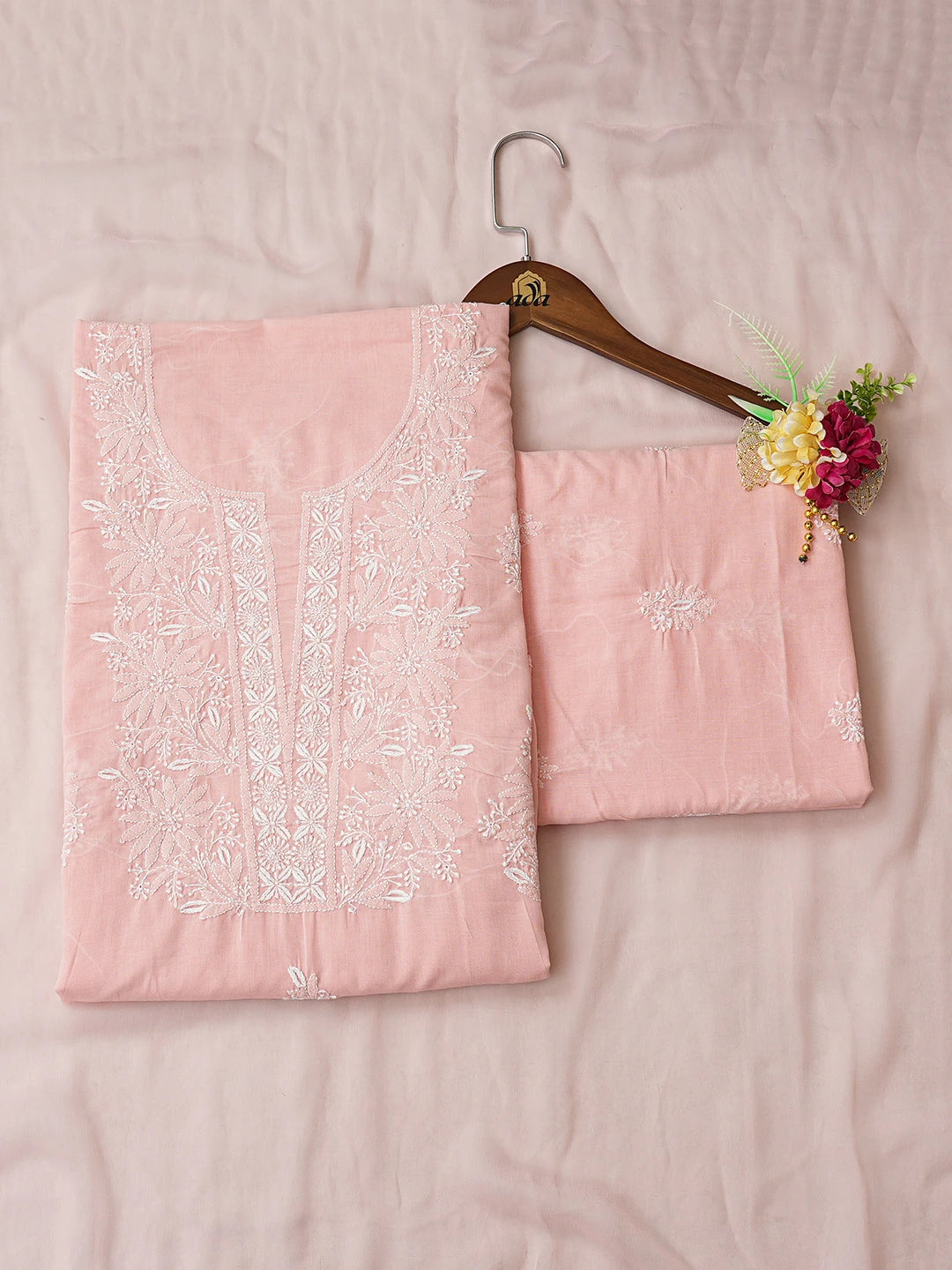 Ada Hand Embroidered Peach Cotton Lucknowi Chikankari Unstitched Suit Piece 01A773554