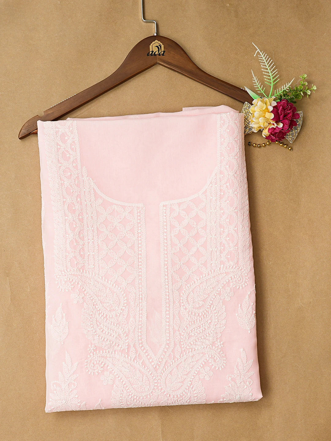 Ada Hand Embroidered Pink Cotton Lucknowi Chikankari Unstitched Kurta Piece 01A810380