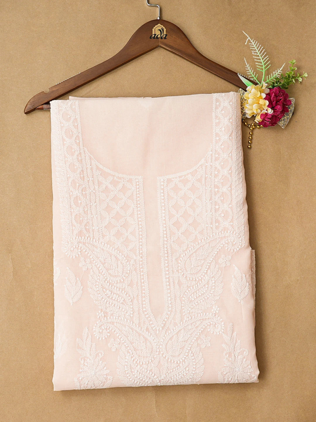 Ada Hand Embroidered Light Peach Cotton Lucknowi Chikankari Unstitched Kurta Piece 01A810441