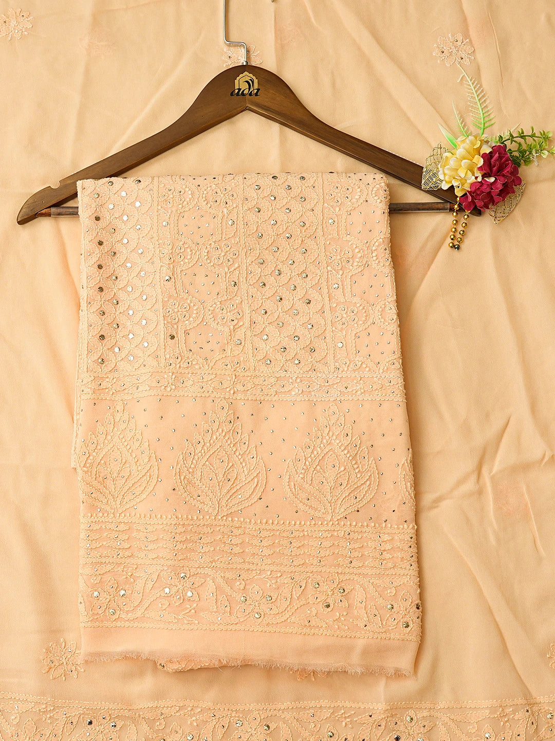 Ada Hand Embroidered Crayola Peach Viscose Georgette Lucknowi Chikankari Unstitched Kurta Dupatta Set With Mukaish Work 01A782551