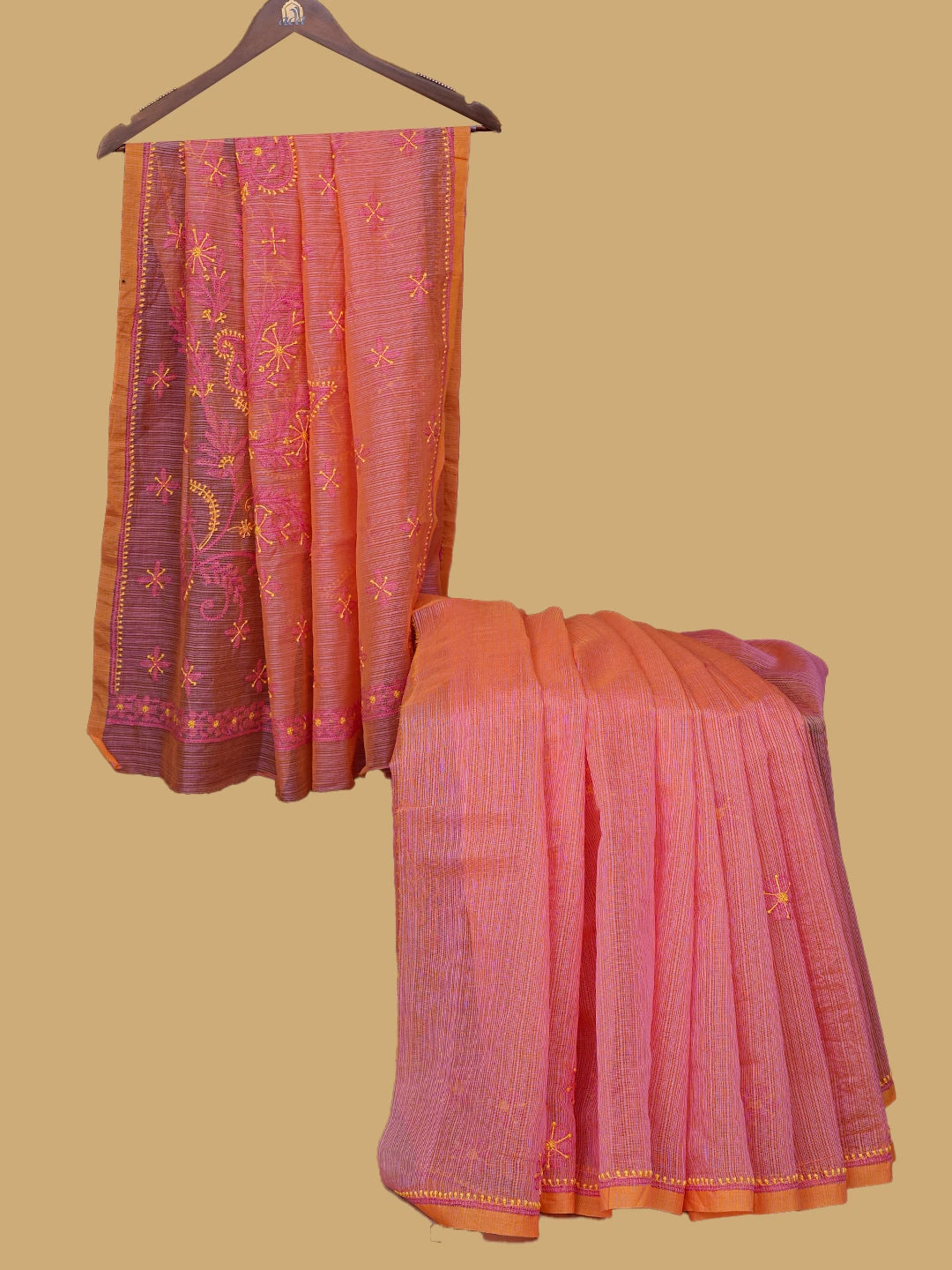 Ada Hand Embroidered Peach Orange Super Net Lucknowi Chikankari Saree and Blouse 01A814535