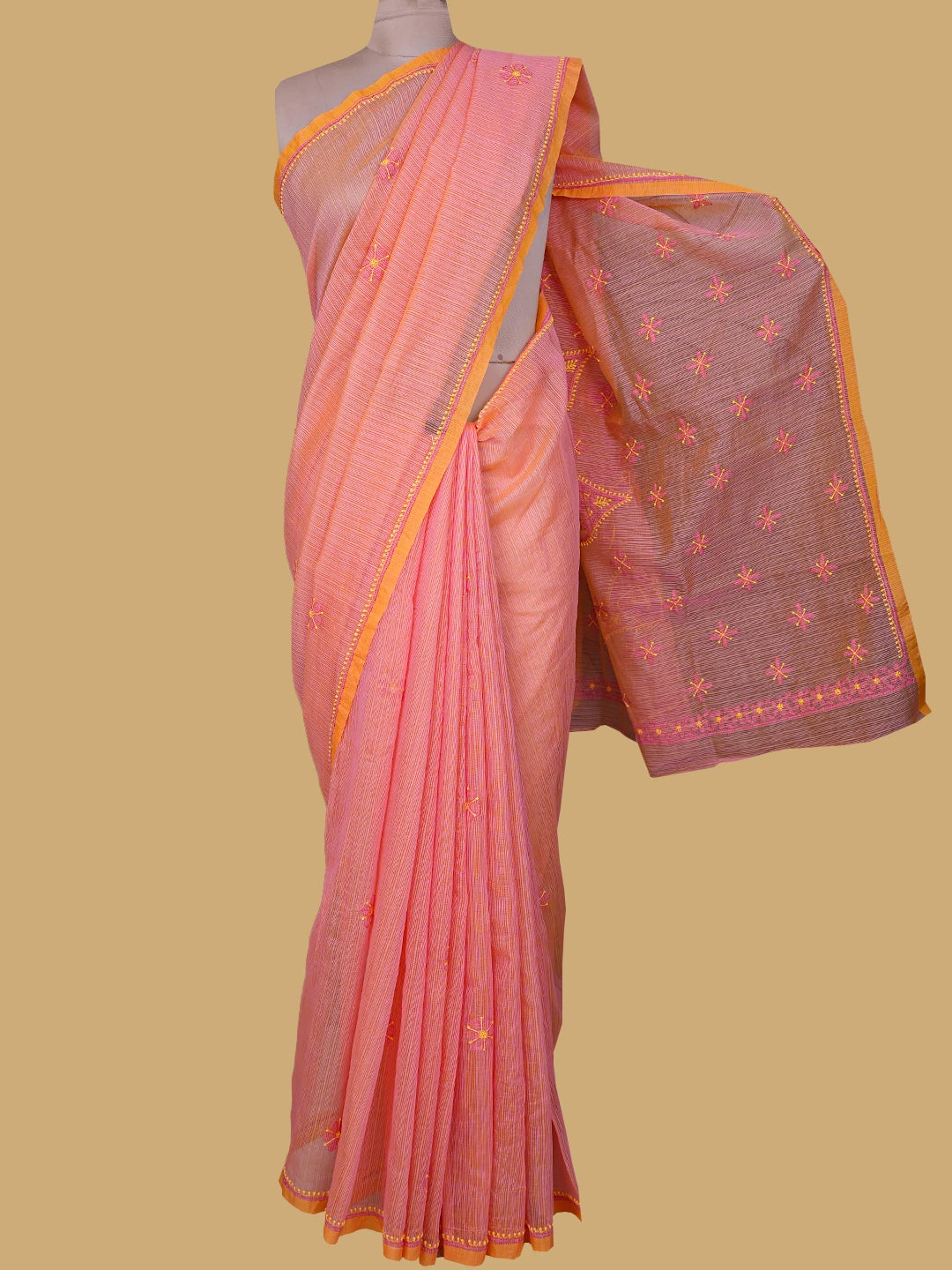 Ada Hand Embroidered Peach Orange Super Net Lucknowi Chikankari Saree and Blouse 01A814535