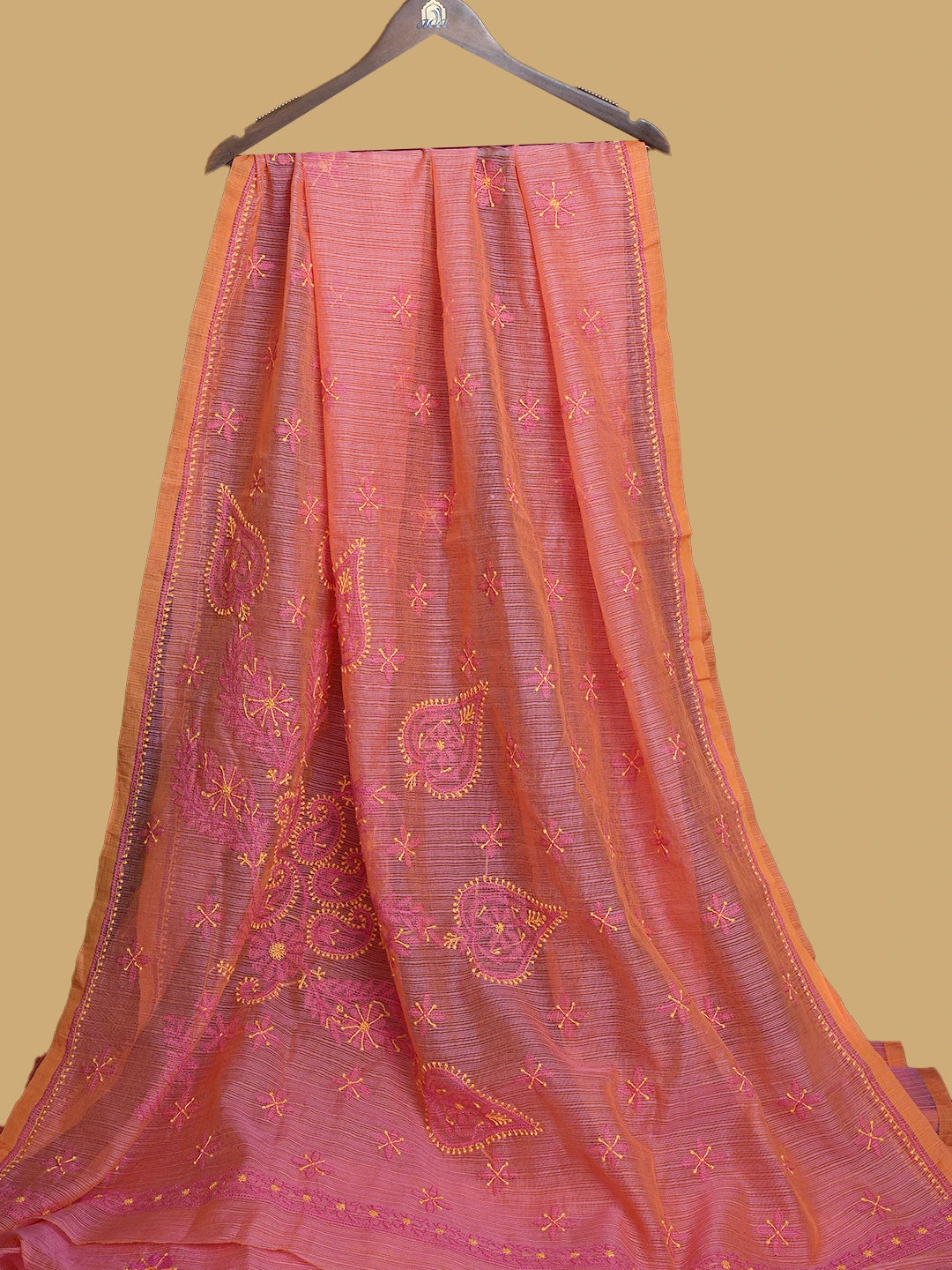 Ada Hand Embroidered Peach Orange Super Net Lucknowi Chikankari Saree and Blouse 01A814535