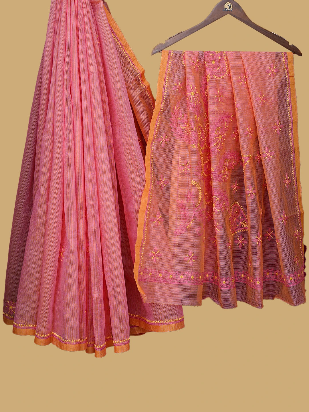 Ada Hand Embroidered Peach Orange Super Net Lucknowi Chikankari Saree and Blouse 01A814535