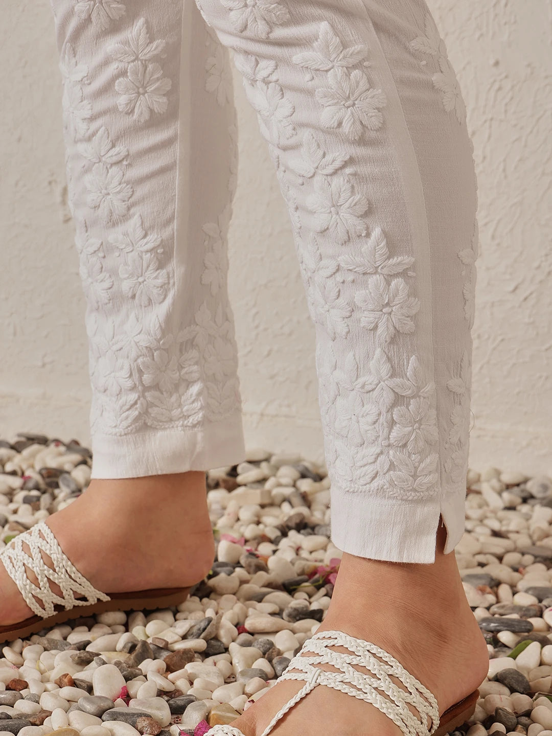 Ada Hand Embroidered White Lycra Cotton Lucknowi Chikankari Straight Pant A711179