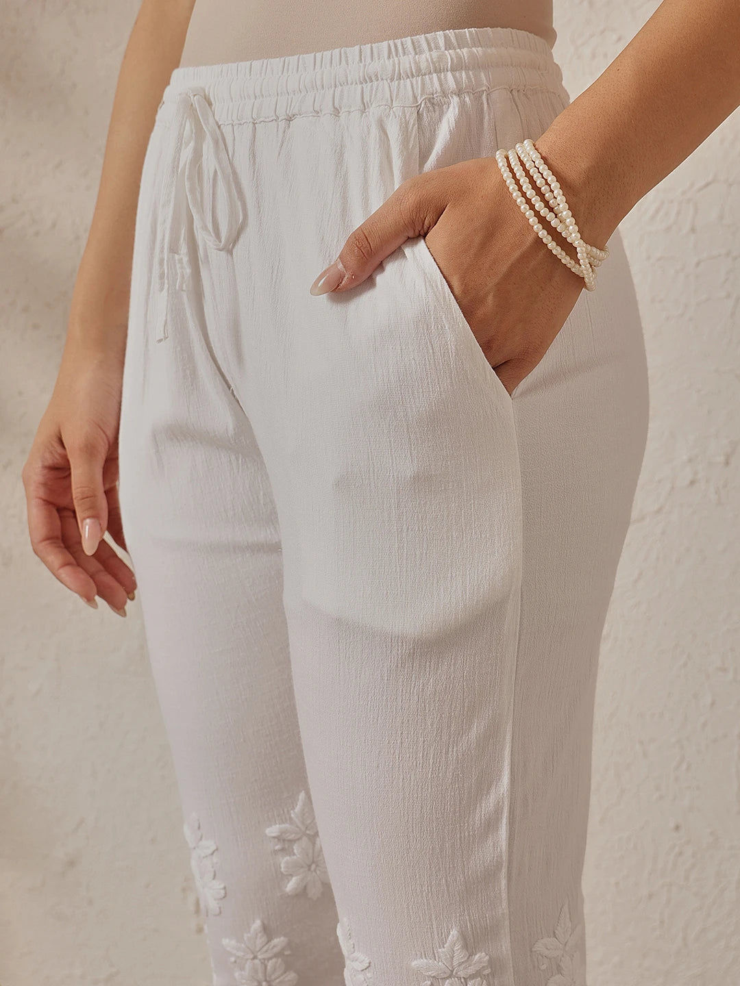 Ada Hand Embroidered White Lycra Cotton Lucknowi Chikankari Straight Pant A711179