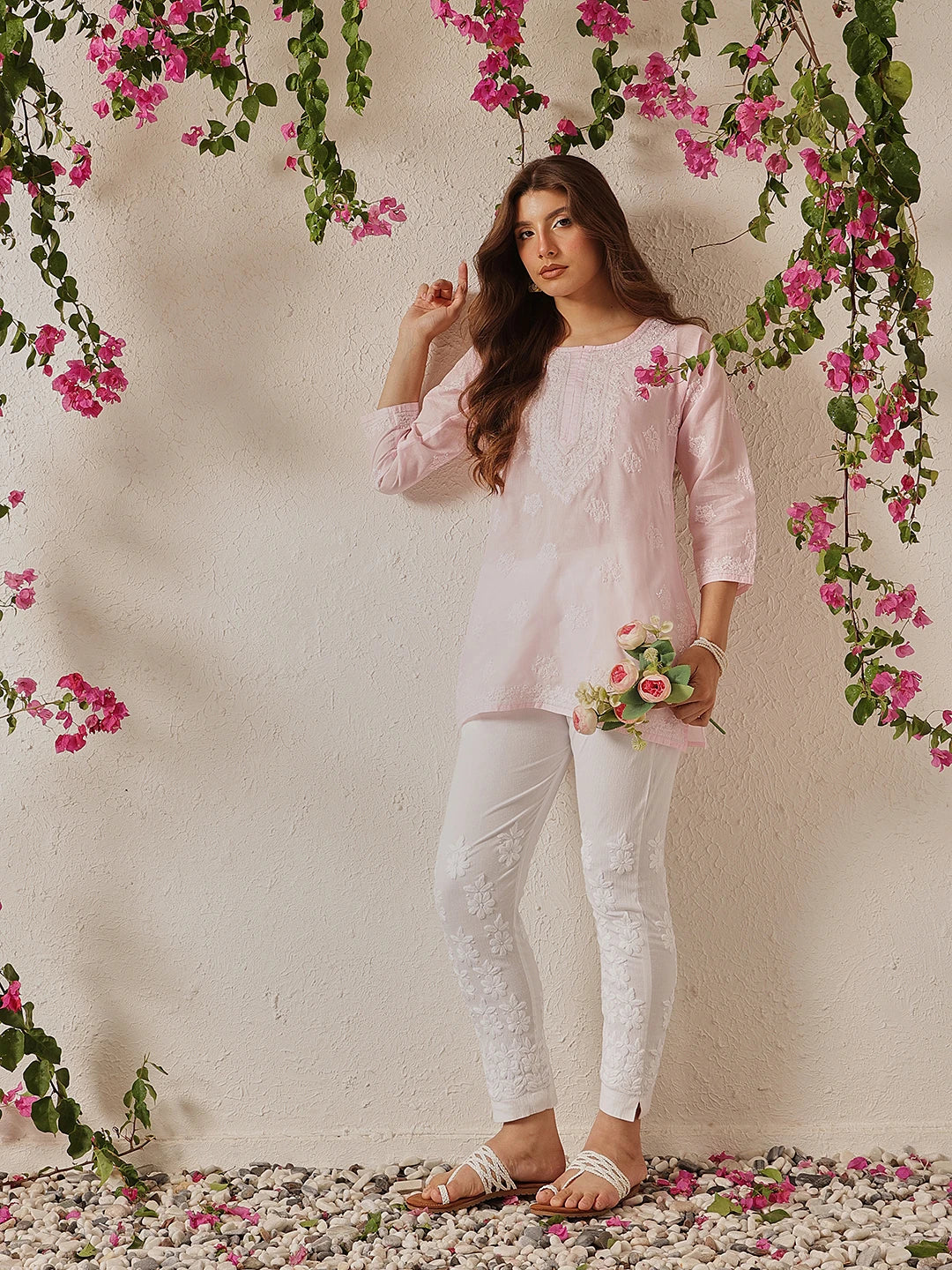 Ada Hand Embroidered White Lycra Cotton Lucknowi Chikankari Straight Pant A711179