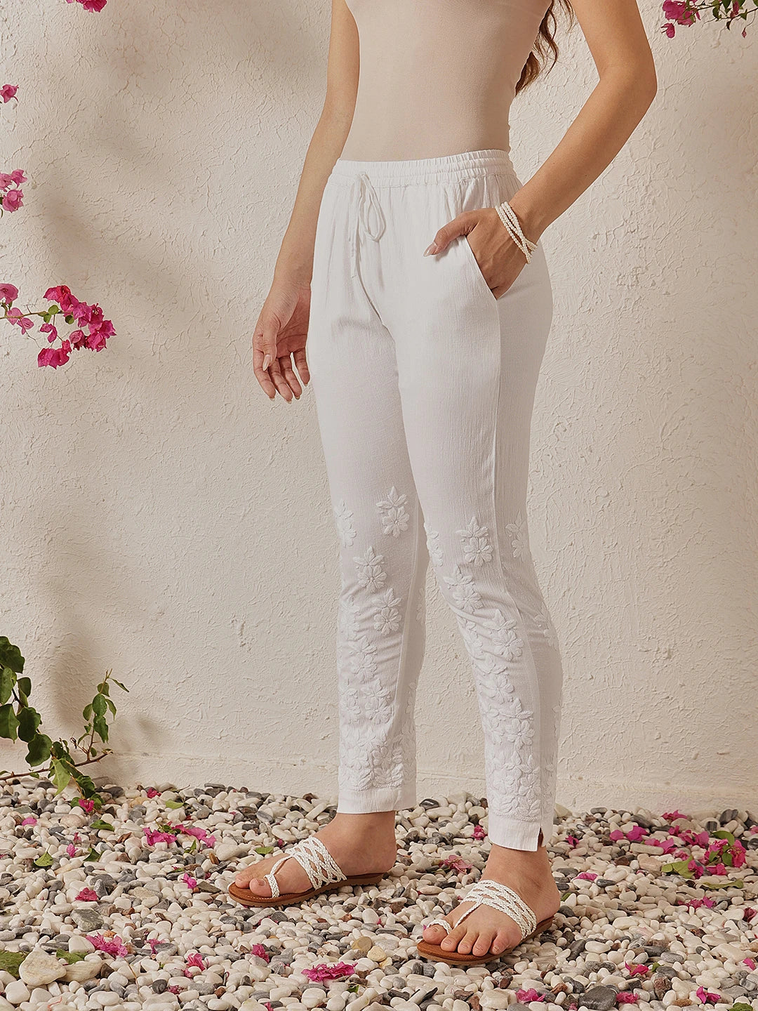 Ada Hand Embroidered White Lycra Cotton Lucknowi Chikankari Straight Pant A711179
