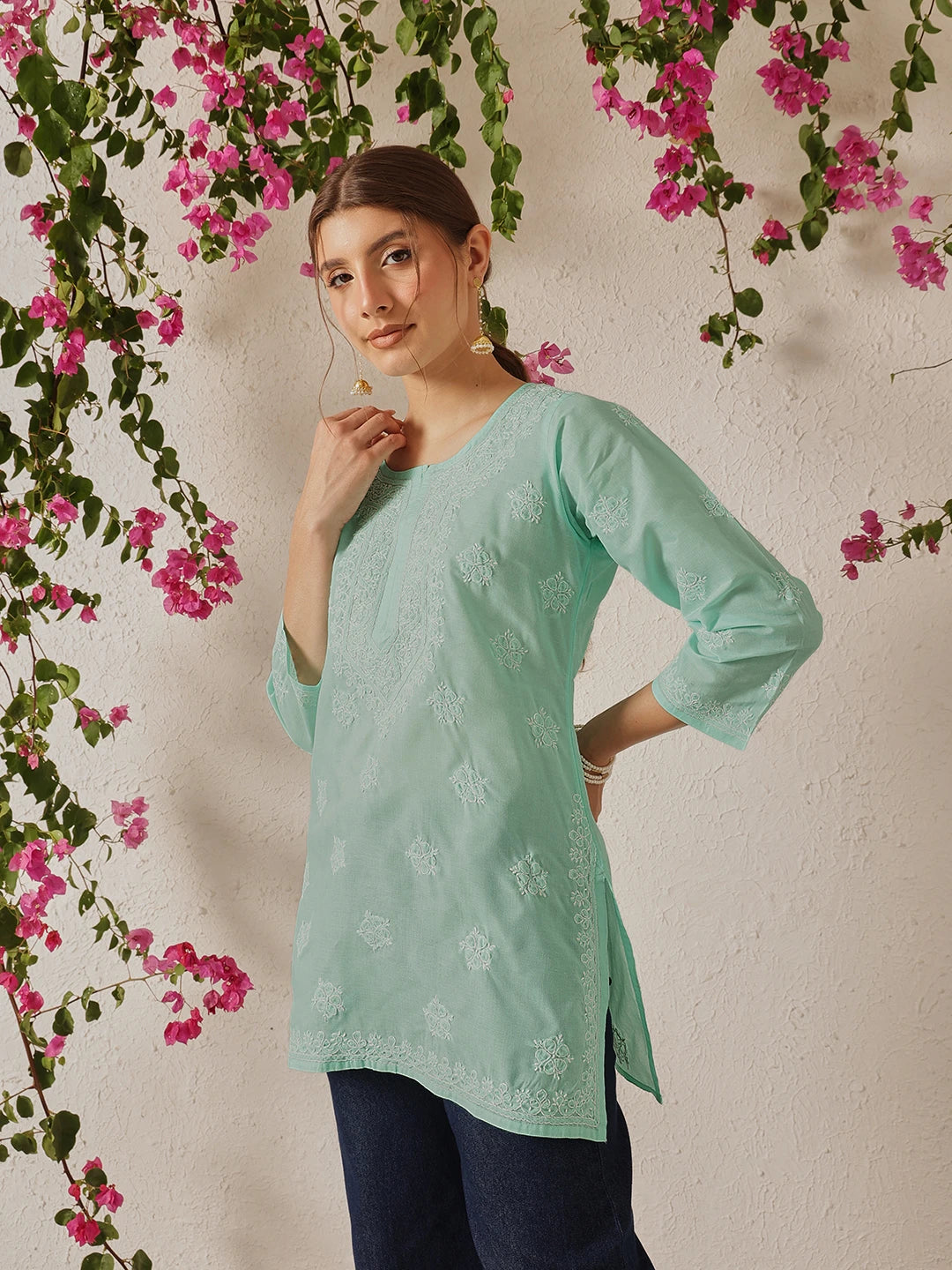 Ada Hand Embroidered Sea Green Cotton Lucknowi Chikankari Short Kurti A911324