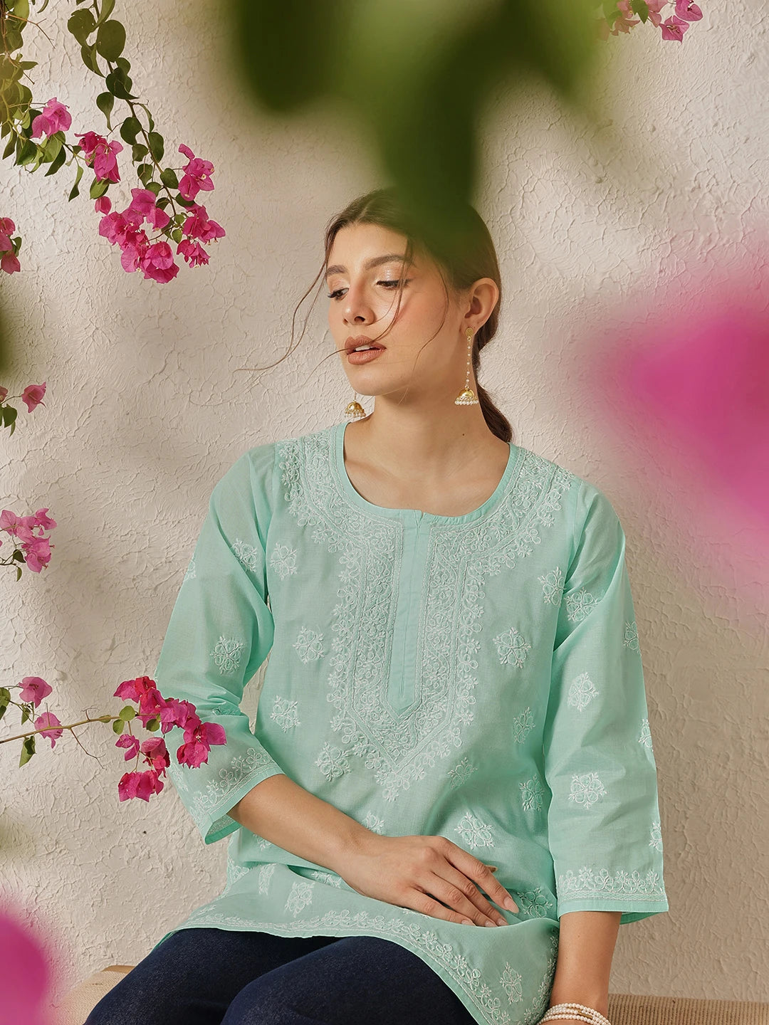 Ada Hand Embroidered Sea Green Cotton Lucknowi Chikankari Short Kurti A911324