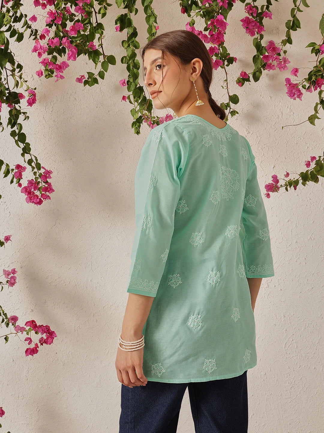 Ada Hand Embroidered Sea Green Cotton Lucknowi Chikankari Short Kurti A911324