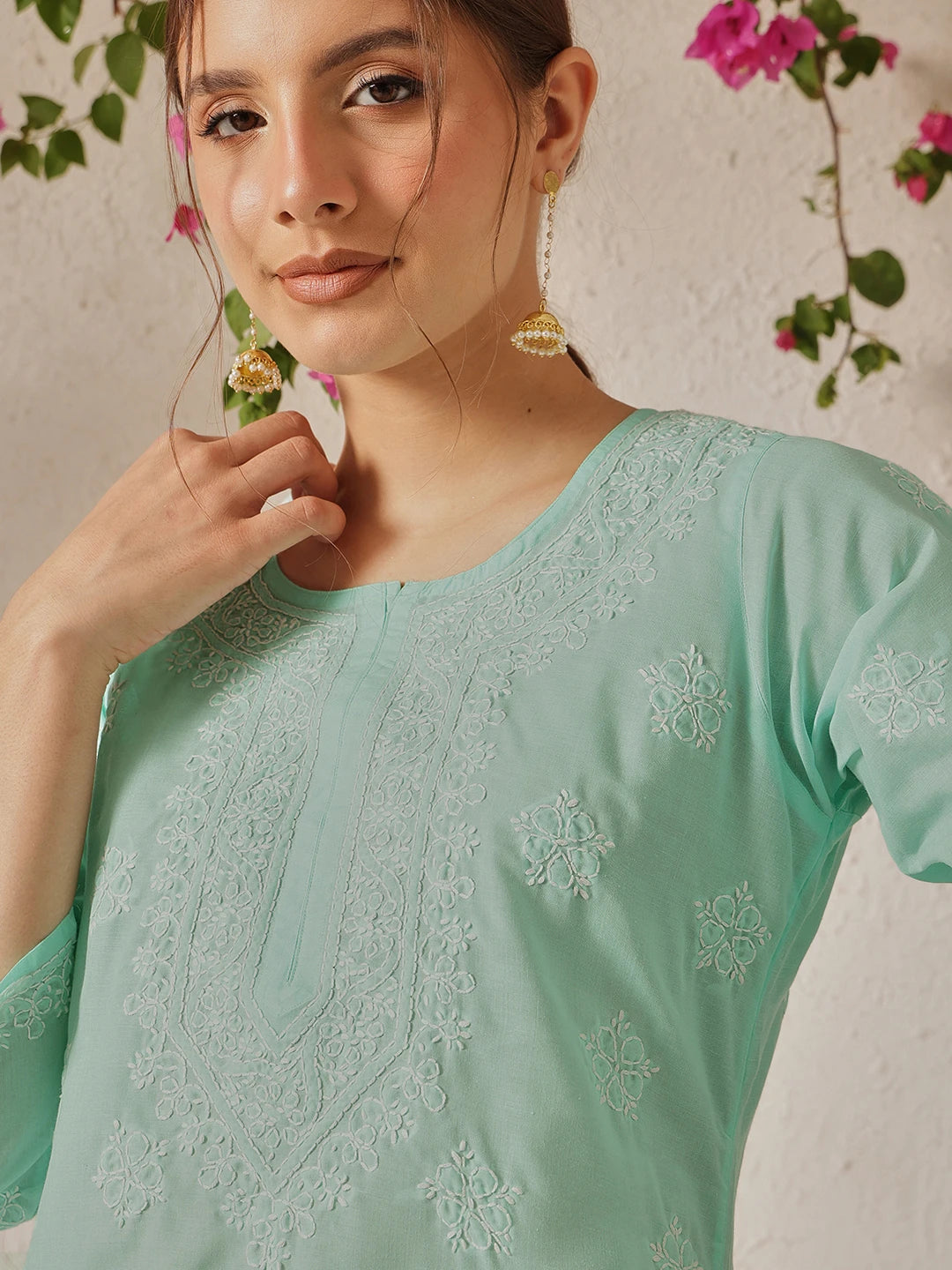 Ada Hand Embroidered Sea Green Cotton Lucknowi Chikankari Short Kurti A911324