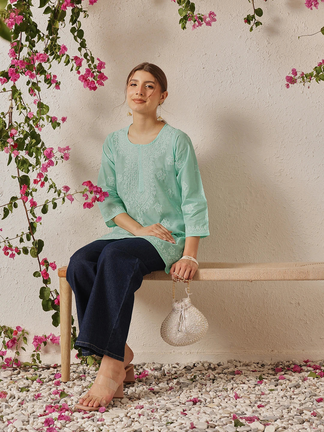 Ada Hand Embroidered Sea Green Cotton Lucknowi Chikankari Short Kurti A911324