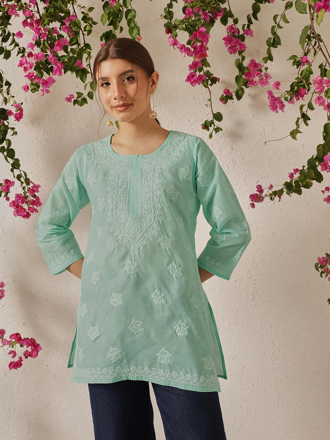 Ada Hand Embroidered Sea Green Cotton Lucknowi Chikankari Short Kurti A911324