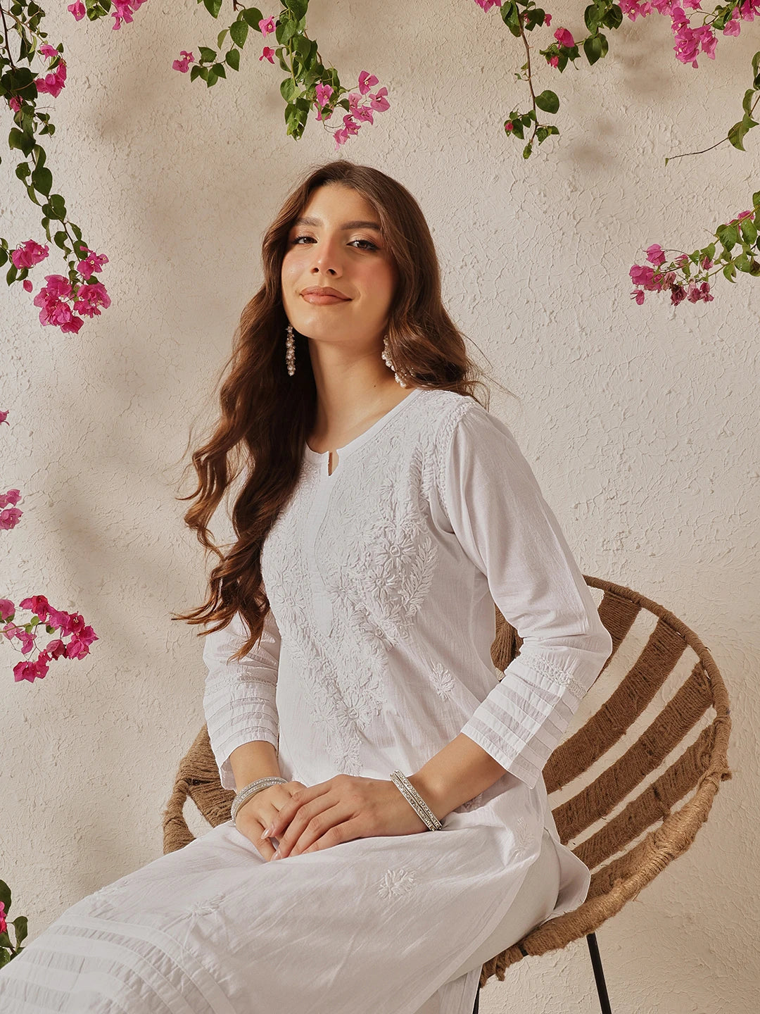 Ada Hand Embroidered White Cotton Lucknowi Chikankari Co-Ord Set A811325