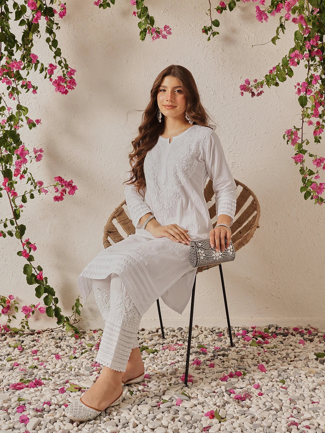 Ada Hand Embroidered White Cotton Lucknowi Chikankari Co-Ord Set A811325