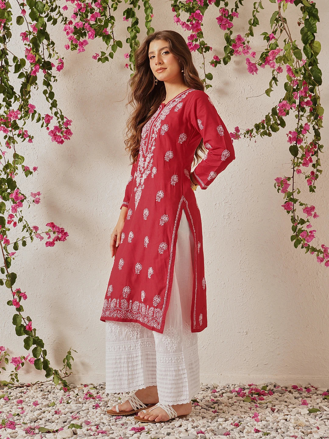 Ada Hand Embroidered Red Cotton Lucknowi Chikankari Straight Kurta A411774