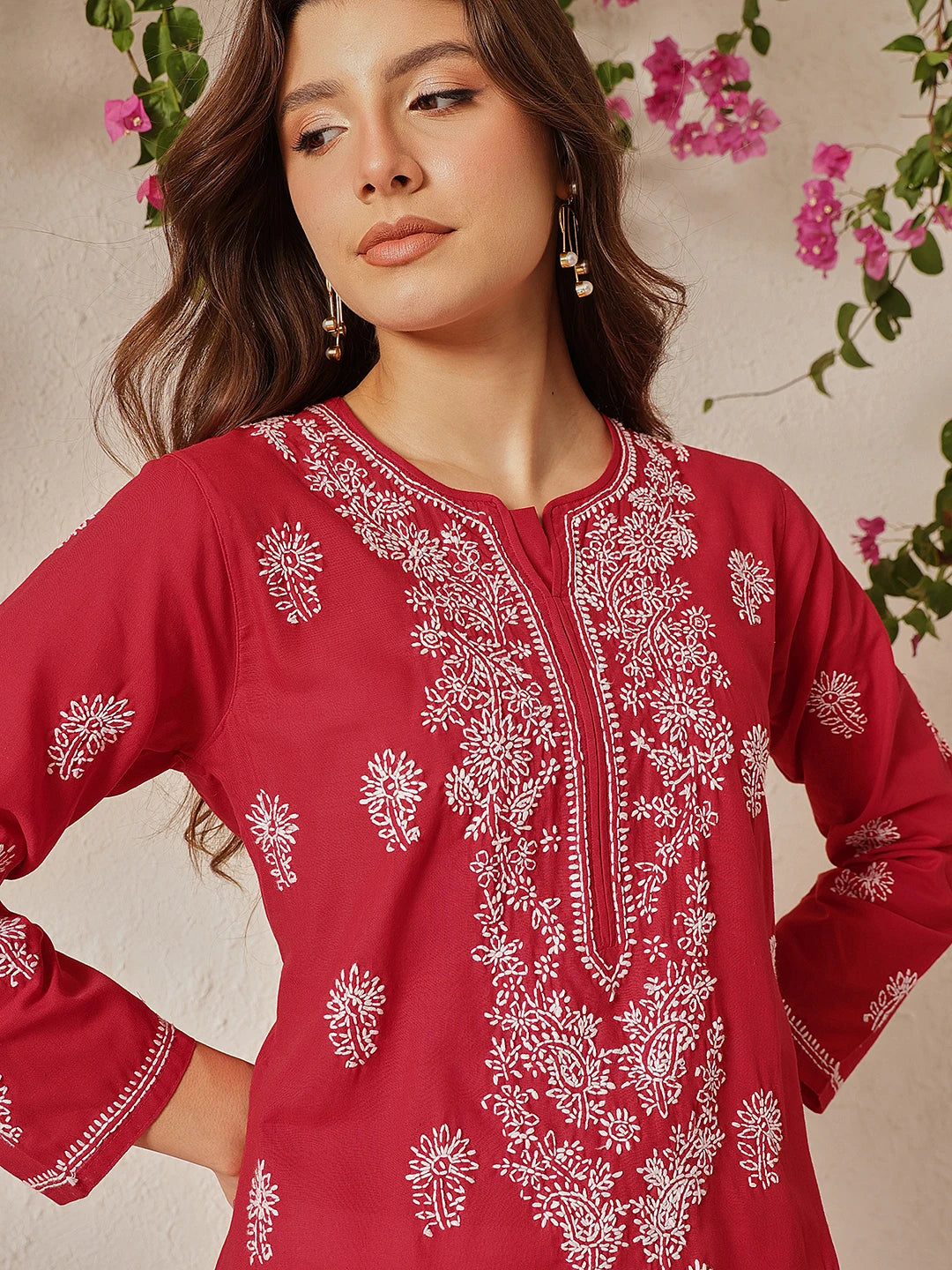 Ada Hand Embroidered Red Cotton Lucknowi Chikankari Straight Kurta A411774