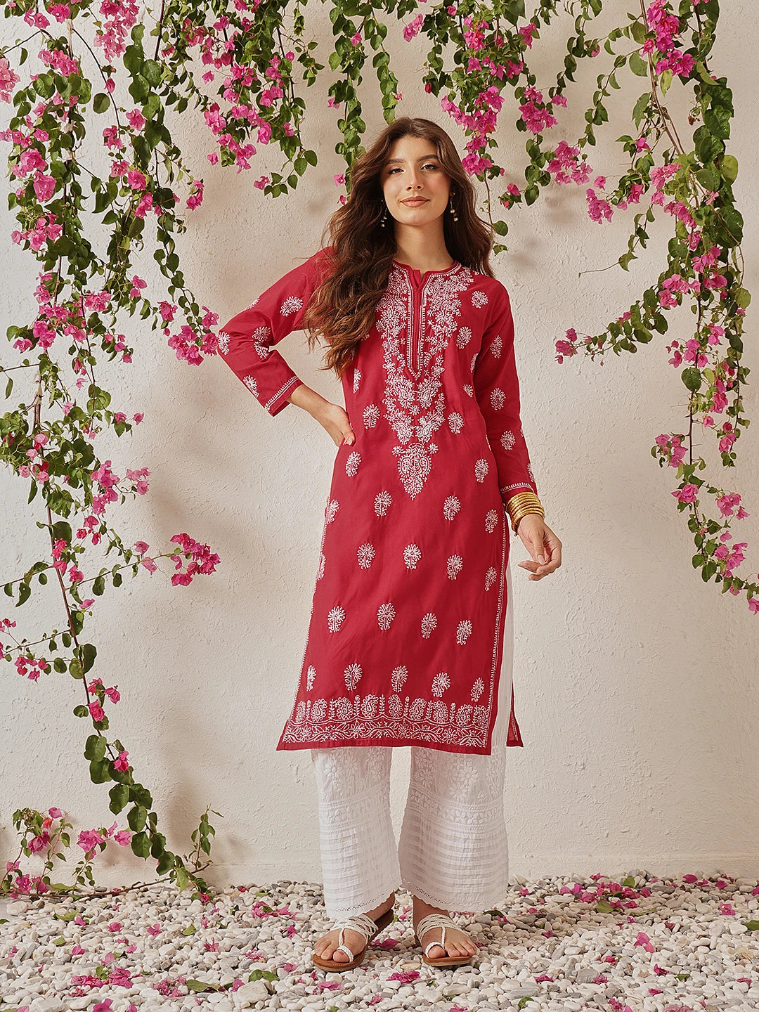 Ada Hand Embroidered Red Cotton Lucknowi Chikankari Straight Kurta A411774