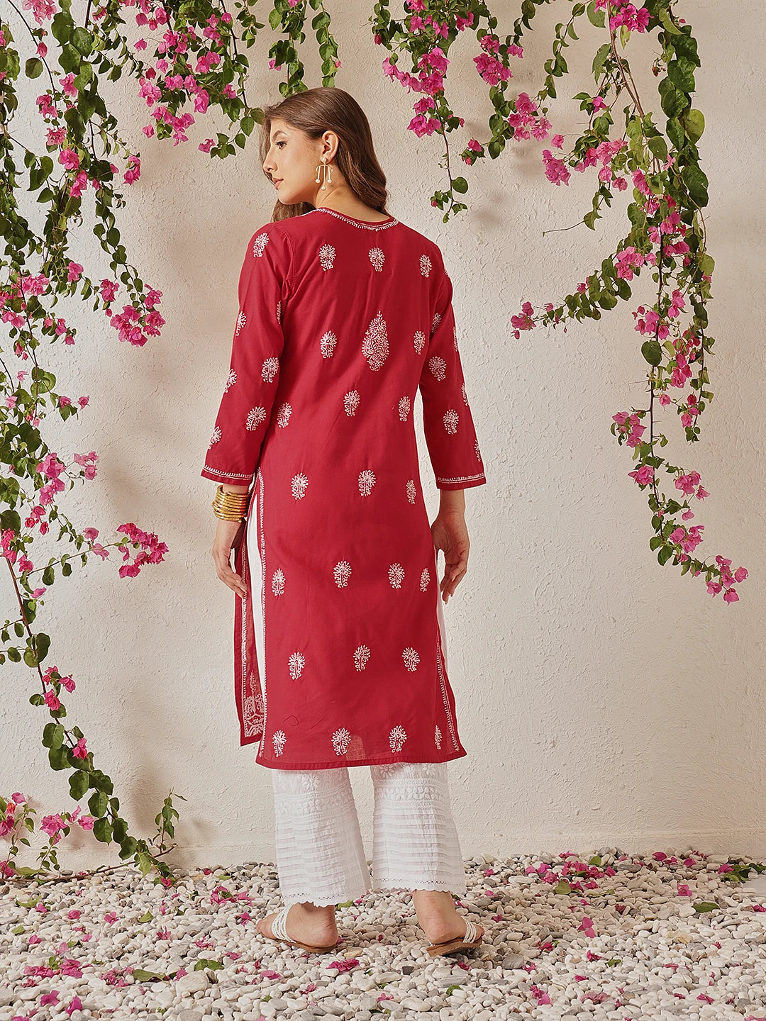 Ada Hand Embroidered Red Cotton Lucknowi Chikankari Straight Kurta A411774