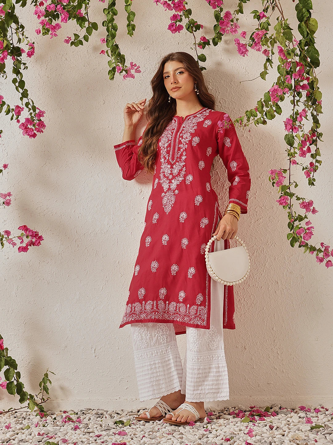 Ada Hand Embroidered Red Cotton Lucknowi Chikankari Straight Kurta A411774