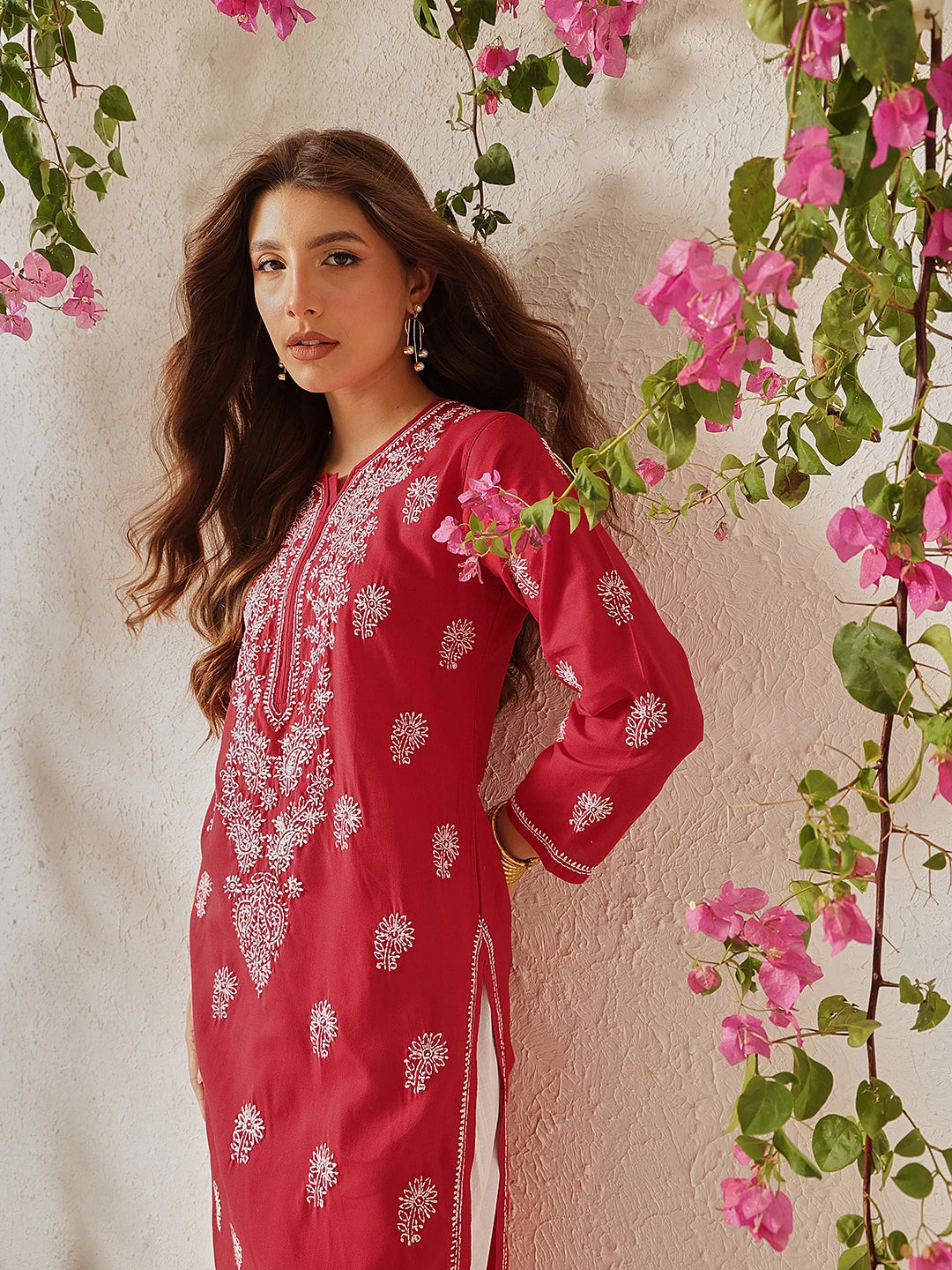 Ada Hand Embroidered Red Cotton Lucknowi Chikankari Straight Kurta A411774