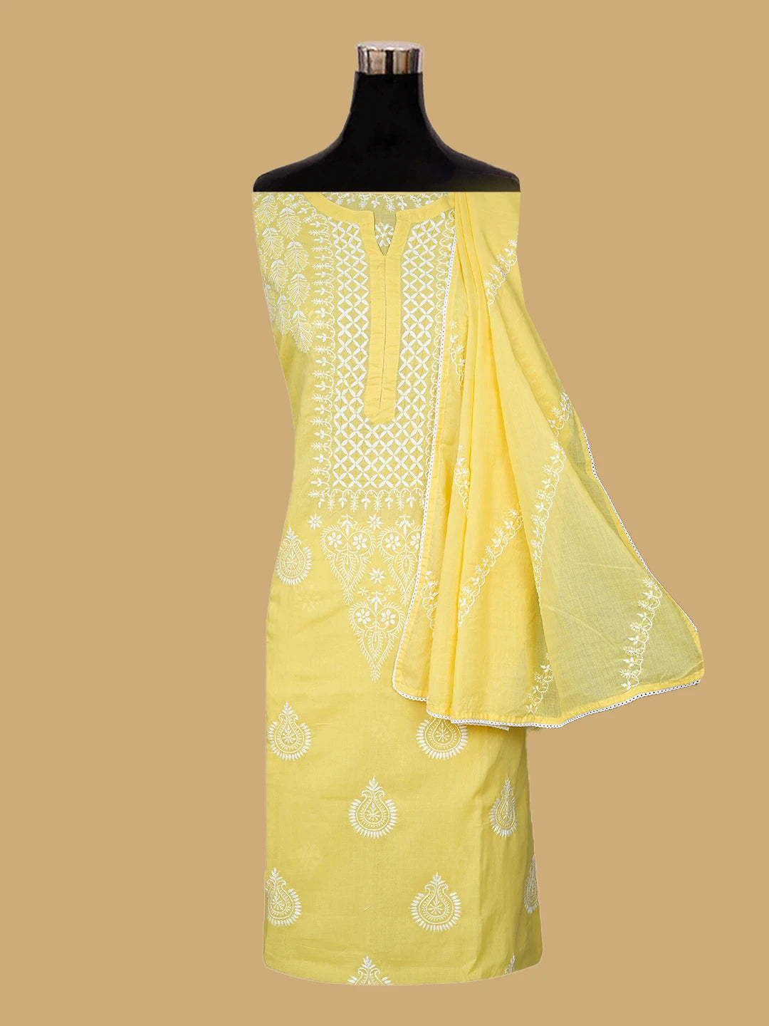 Ada Hand Embroidered Yellow Cotton Lucknowi Chikankari Semi-Stitched Kurta Dupatta Set 01A791324