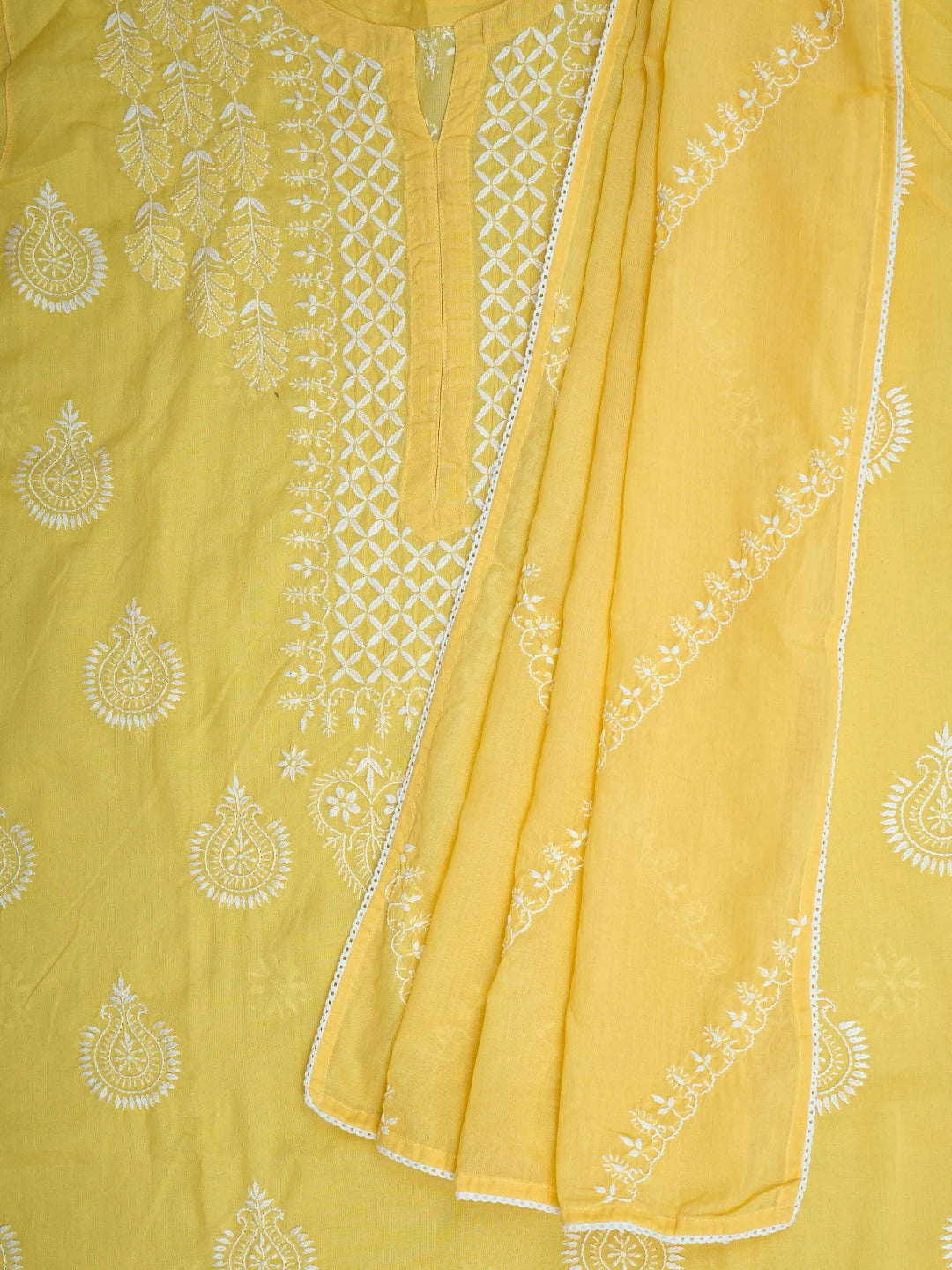 Ada Hand Embroidered Yellow Cotton Lucknowi Chikankari Semi-Stitched Kurta Dupatta Set 01A791324