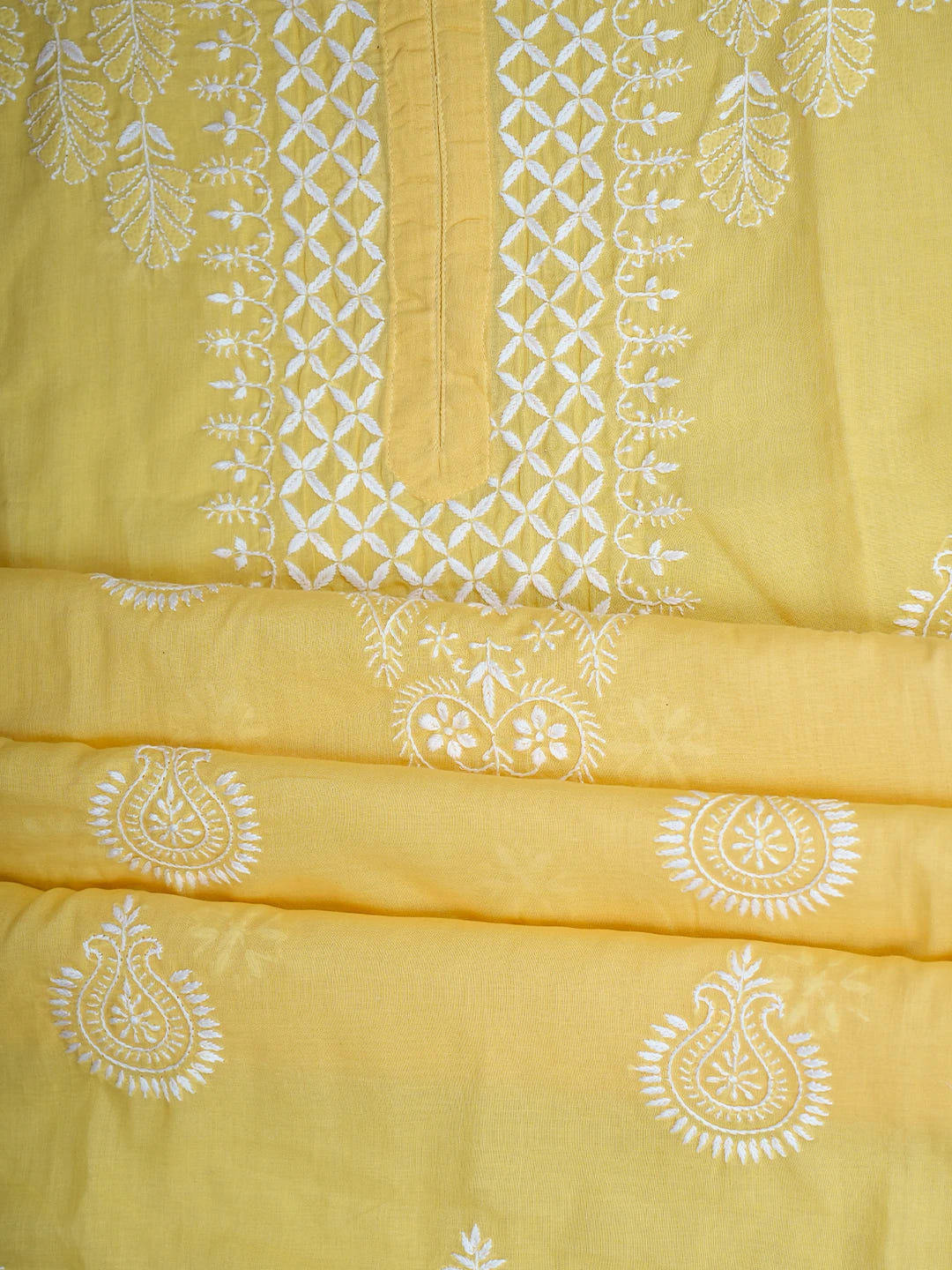 Ada Hand Embroidered Yellow Cotton Lucknowi Chikankari Semi-Stitched Kurta Dupatta Set 01A791324