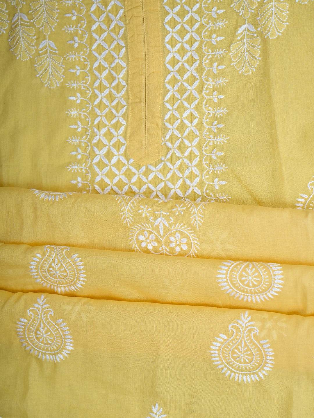 Ada Hand Embroidered Yellow Cotton Lucknowi Chikankari Semi-Stitched Kurta Dupatta Set 01A791324