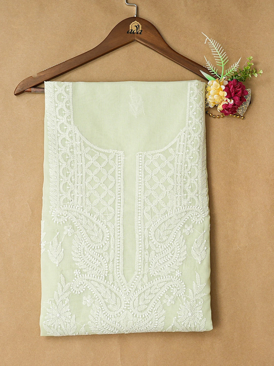 Ada Hand Embroidered Light Green Cotton Lucknowi Chikankari Unstitched Kurta Piece 01A810461