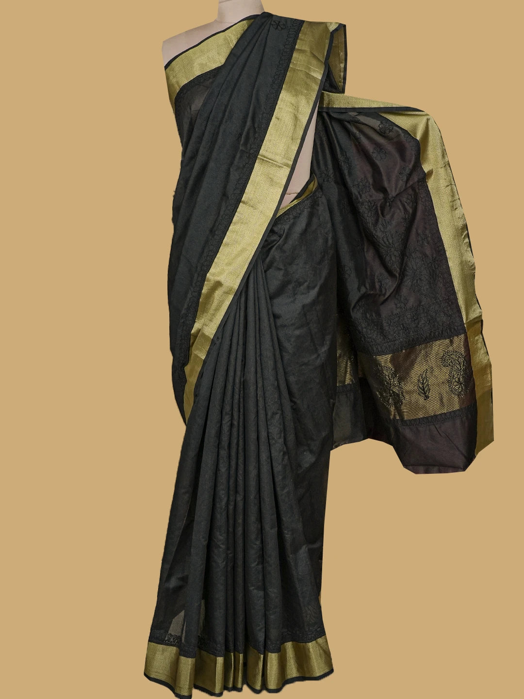 Ada Hand Embroidered Black Chanderi Lucknowi Chikankari Saree and Blouse 01A780607