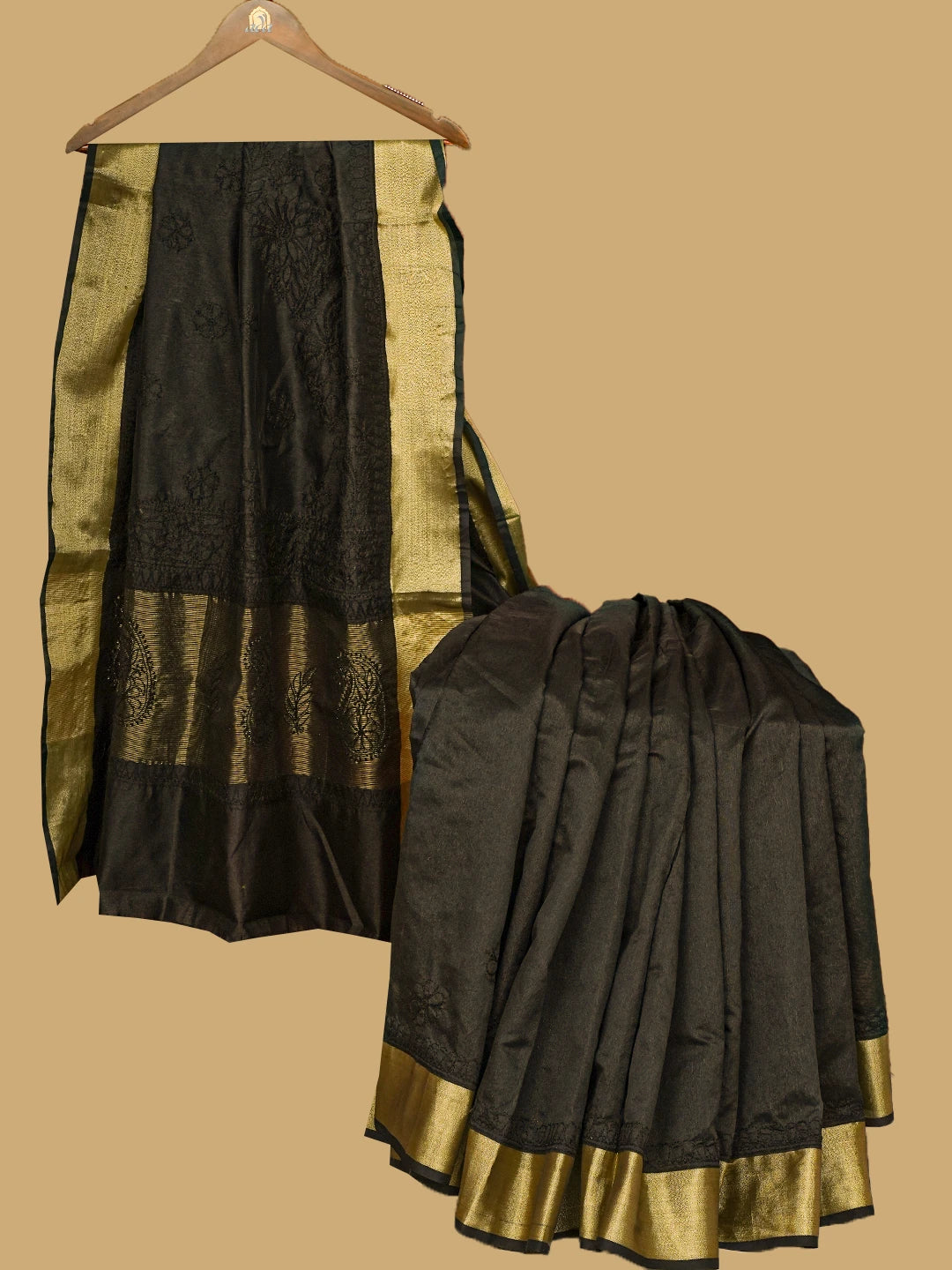 Ada Hand Embroidered Black Chanderi Lucknowi Chikankari Saree and Blouse 01A780607