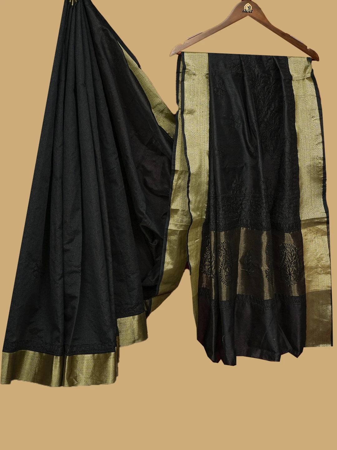 Ada Hand Embroidered Black Chanderi Lucknowi Chikankari Saree and Blouse 01A780607