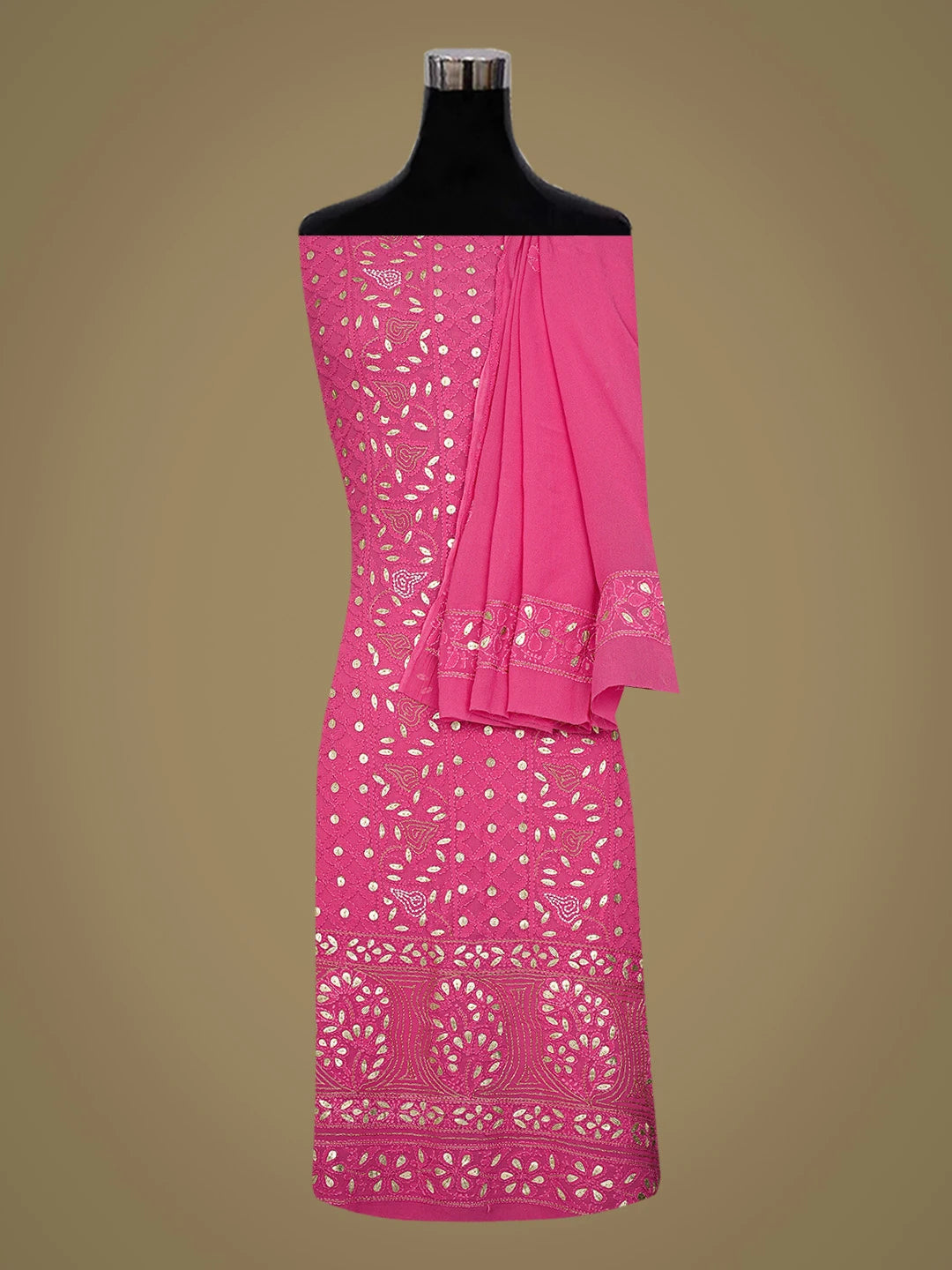 Ada Hand Embroidered Magenta Viscose Georgette Lucknowi Chikankari Unstitched Kurta Dupatta Set With Gota Patti Work 01A801917
