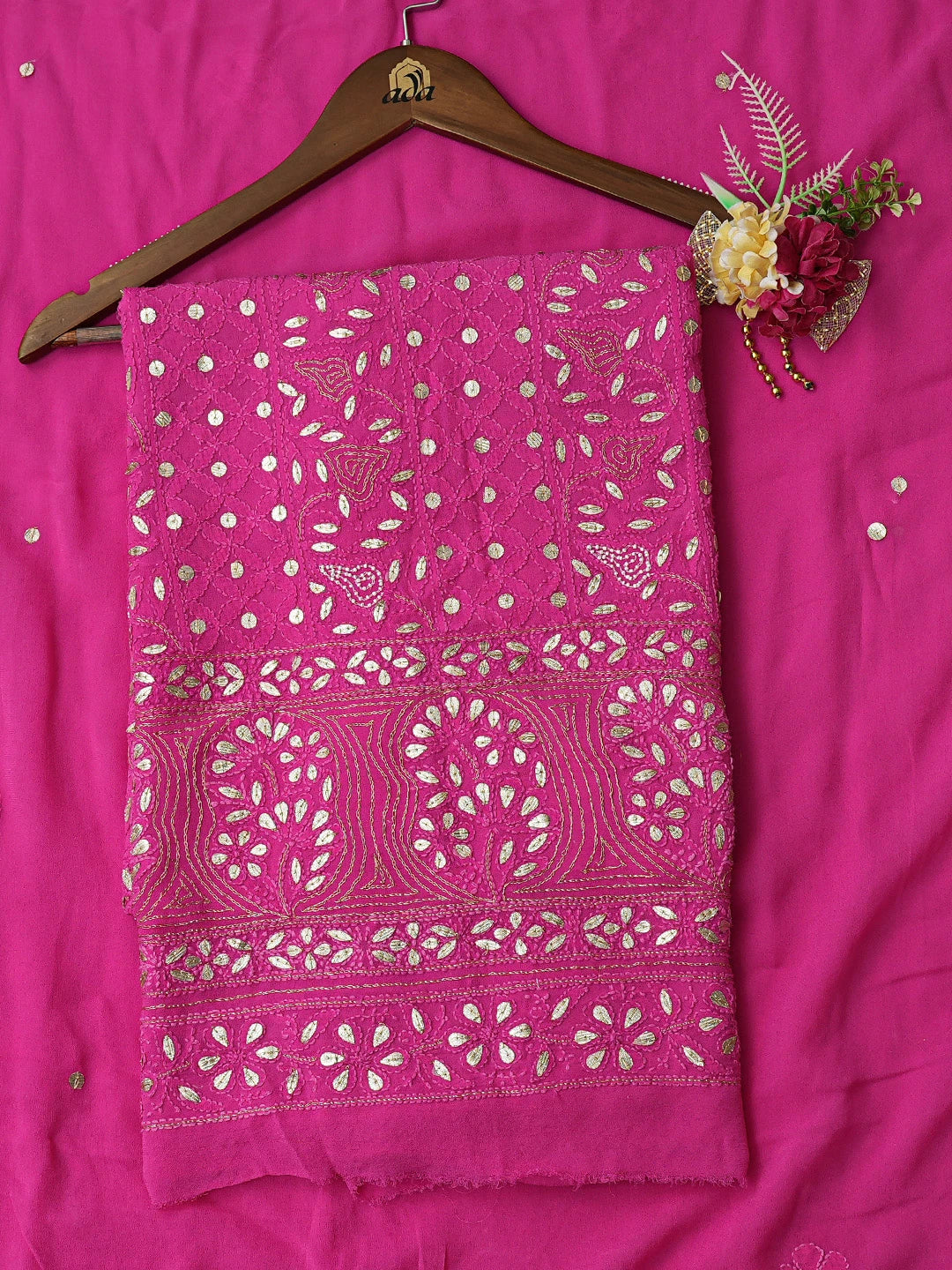 Ada Hand Embroidered Magenta Viscose Georgette Lucknowi Chikankari Unstitched Kurta Dupatta Set With Gota Patti Work 01A801917