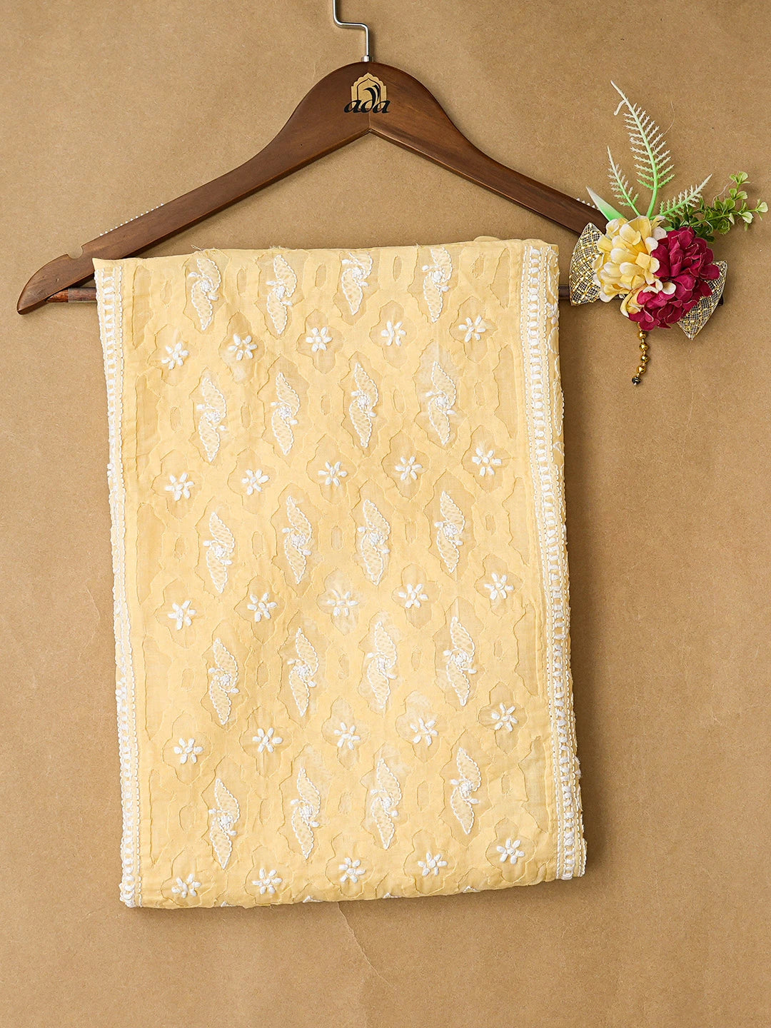 Ada Hand Embroidered Yellow Cotton Lucknowi Chikankari Semi-Stitched Kurta Piece 01A674162