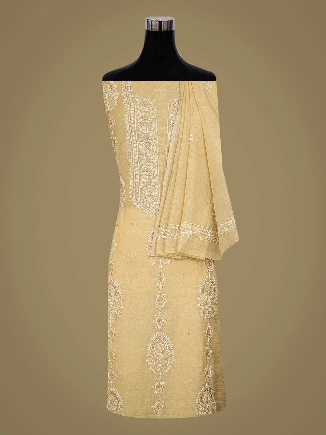 Ada Hand Embroidered Fawn Tissue Lucknowi Chikankari Unstitched Kurta Dupatta Set With Cutdana Work 01A718682