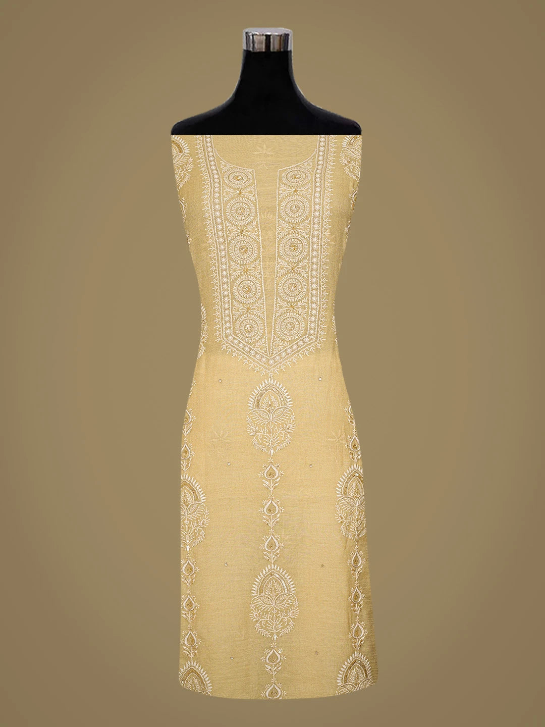 Ada Hand Embroidered Fawn Tissue Lucknowi Chikankari Unstitched Kurta Dupatta Set With Cutdana Work 01A718682