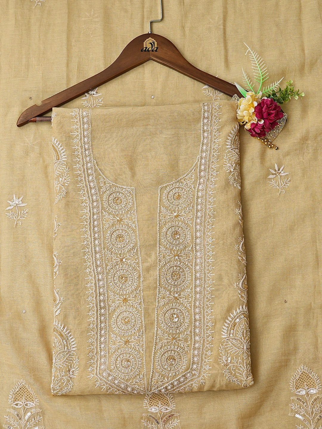 Ada Hand Embroidered Fawn Tissue Lucknowi Chikankari Unstitched Kurta Dupatta Set With Cutdana Work 01A718682
